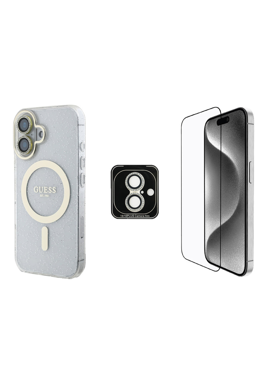 Guess iPhone 16 3'lü Aksesuar Seti IML Baskılı Simli Glitter Kılıf + Ekran Koruyucu + Lens Koruyucu