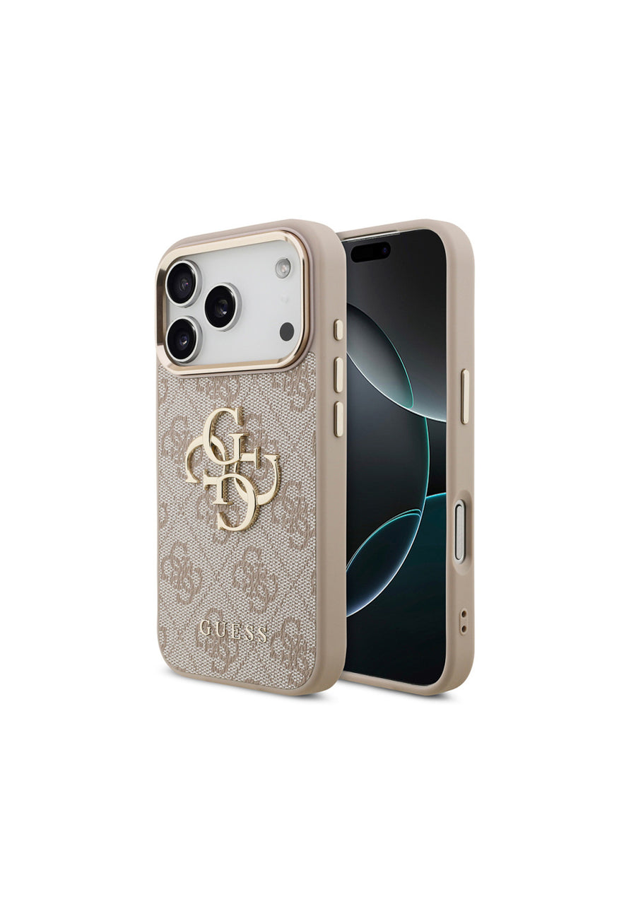 Guess Gold Metal Kamera Çerçeveli 4G Desenli Metal Büyük 4G ve Yazı Logolu – iPhone 18 Pro Kılıfı