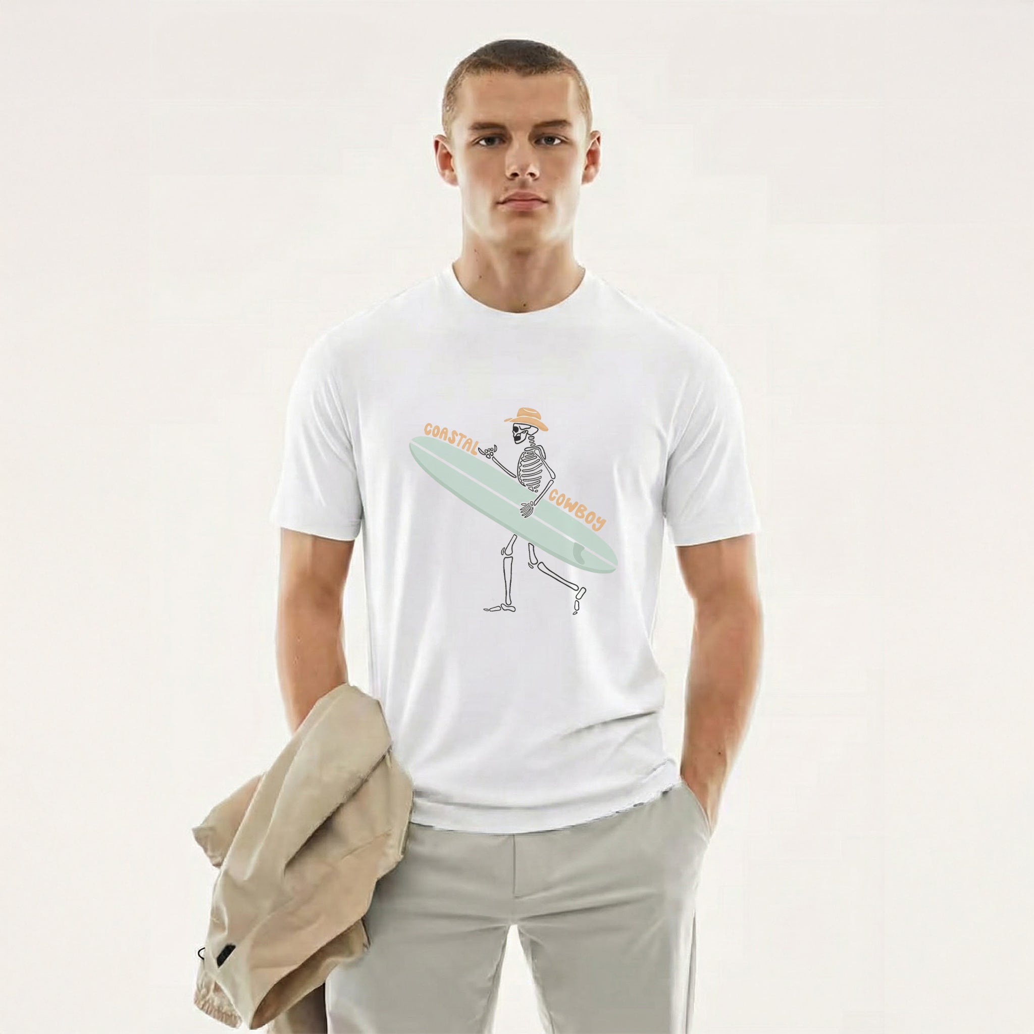 Coastal Cowboy — Surf Skeleton Graphic Tee (Pure White)