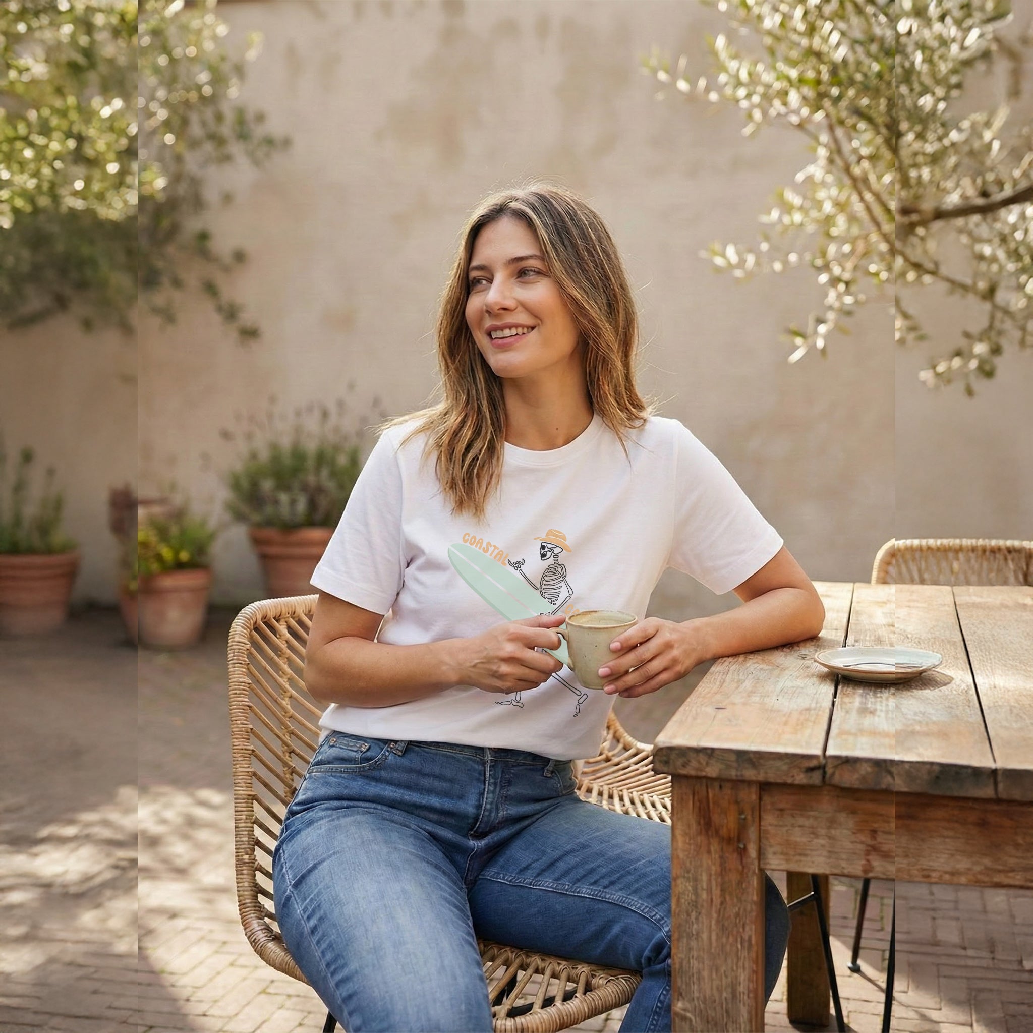 Coastal Cowboy — Surf Skeleton Graphic Tee (Pure White)