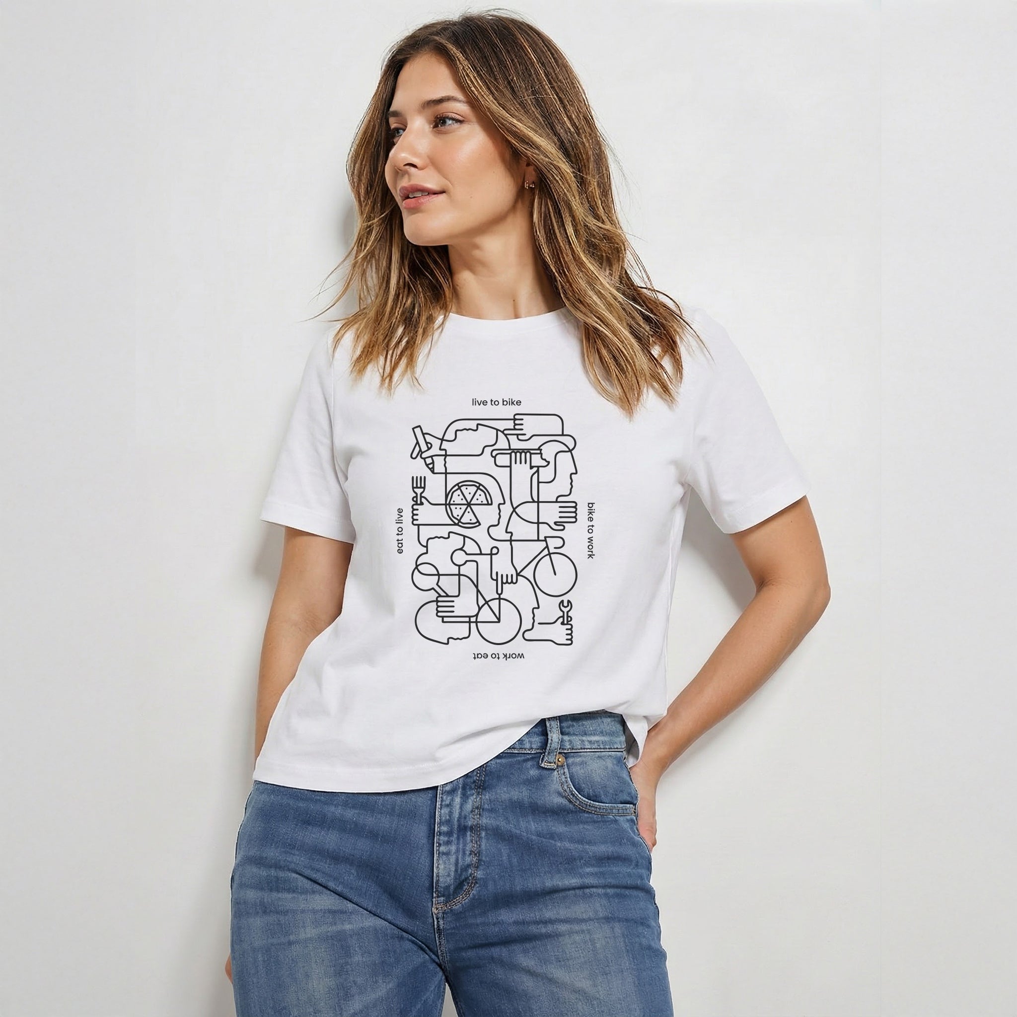 LIVE TO BIKE — Continuous Line Cycling Tee (Pure White)