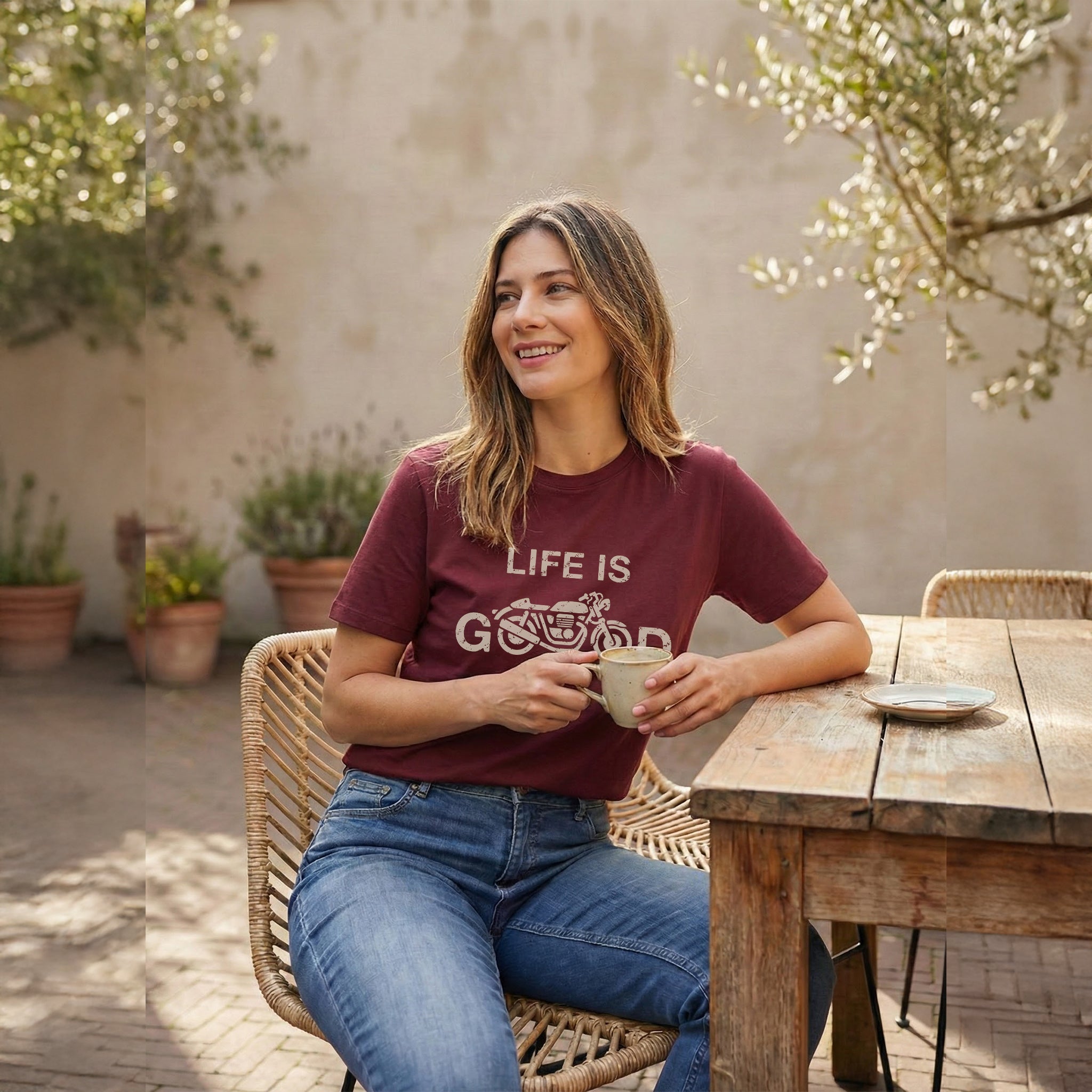 Life Is Good — Vintage Motorcycle Graphic Tee (Burgundy)