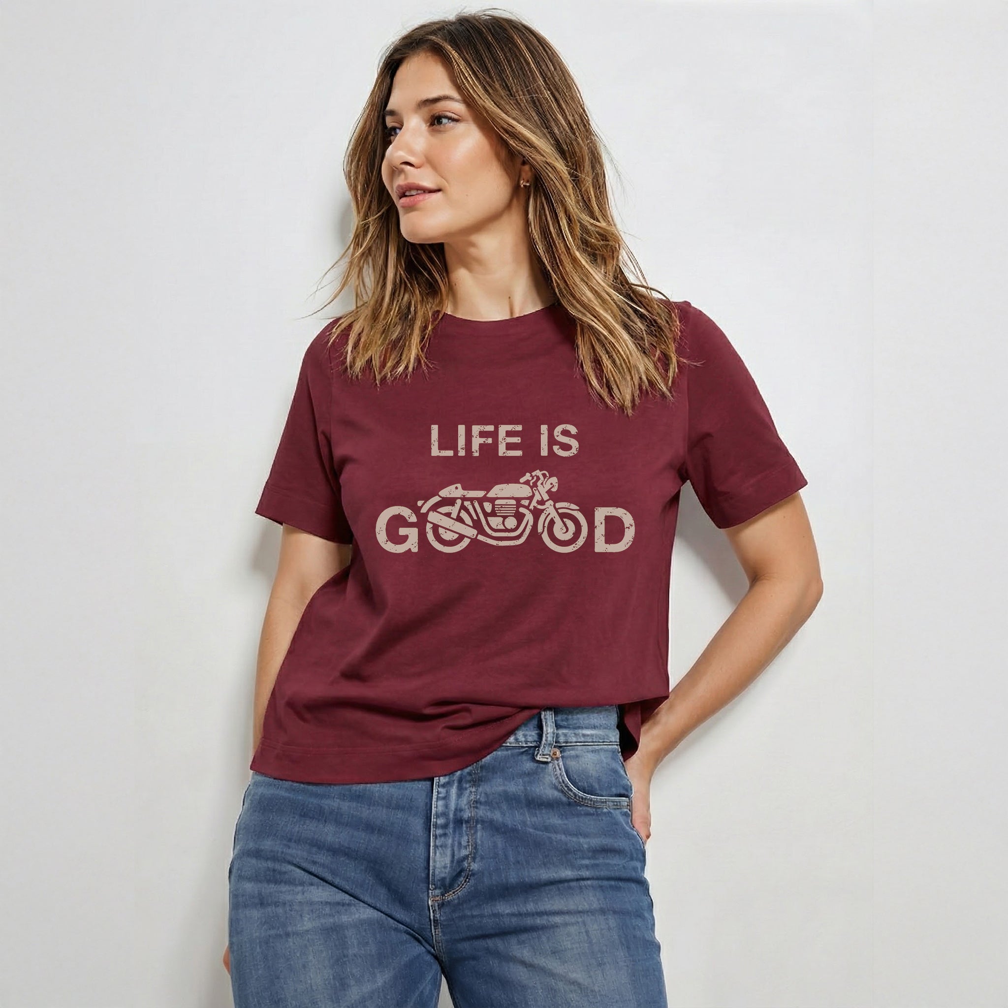 Life Is Good — Vintage Motorcycle Graphic Tee (Burgundy)