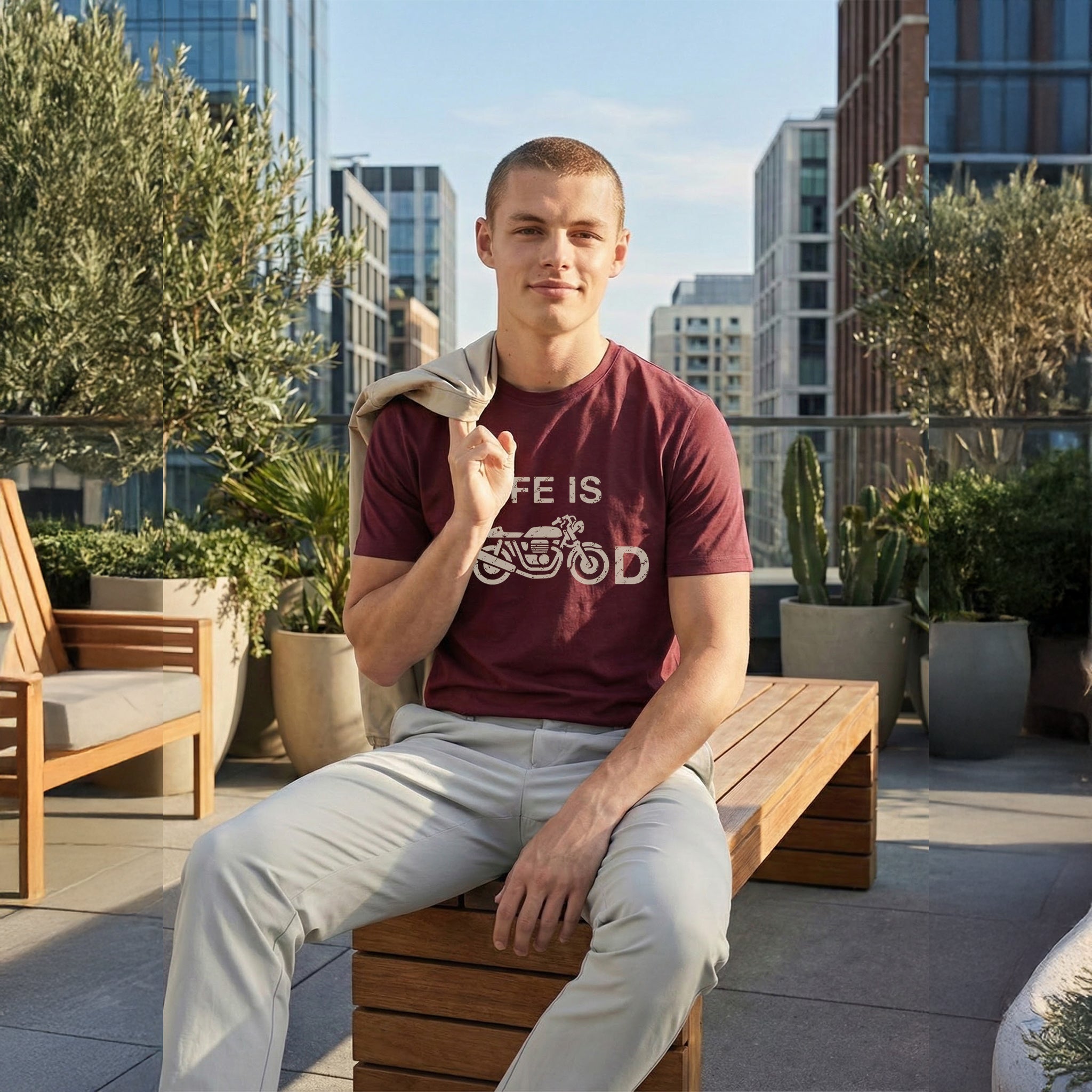 Life Is Good — Vintage Motorcycle Graphic Tee (Burgundy)