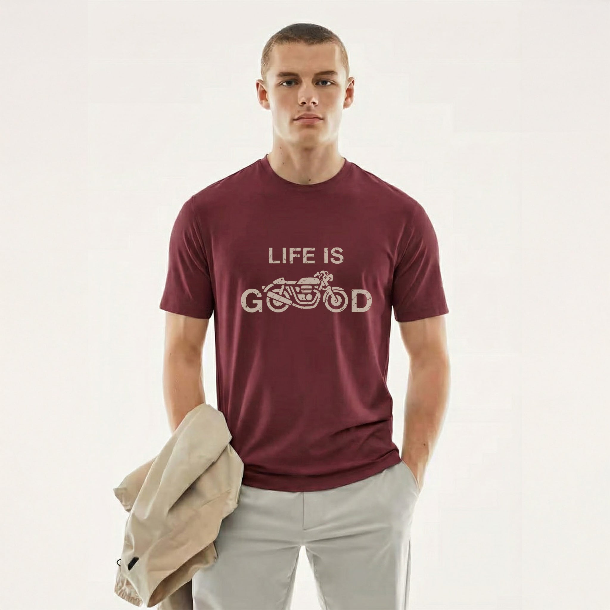 Life Is Good — Vintage Motorcycle Graphic Tee (Burgundy)