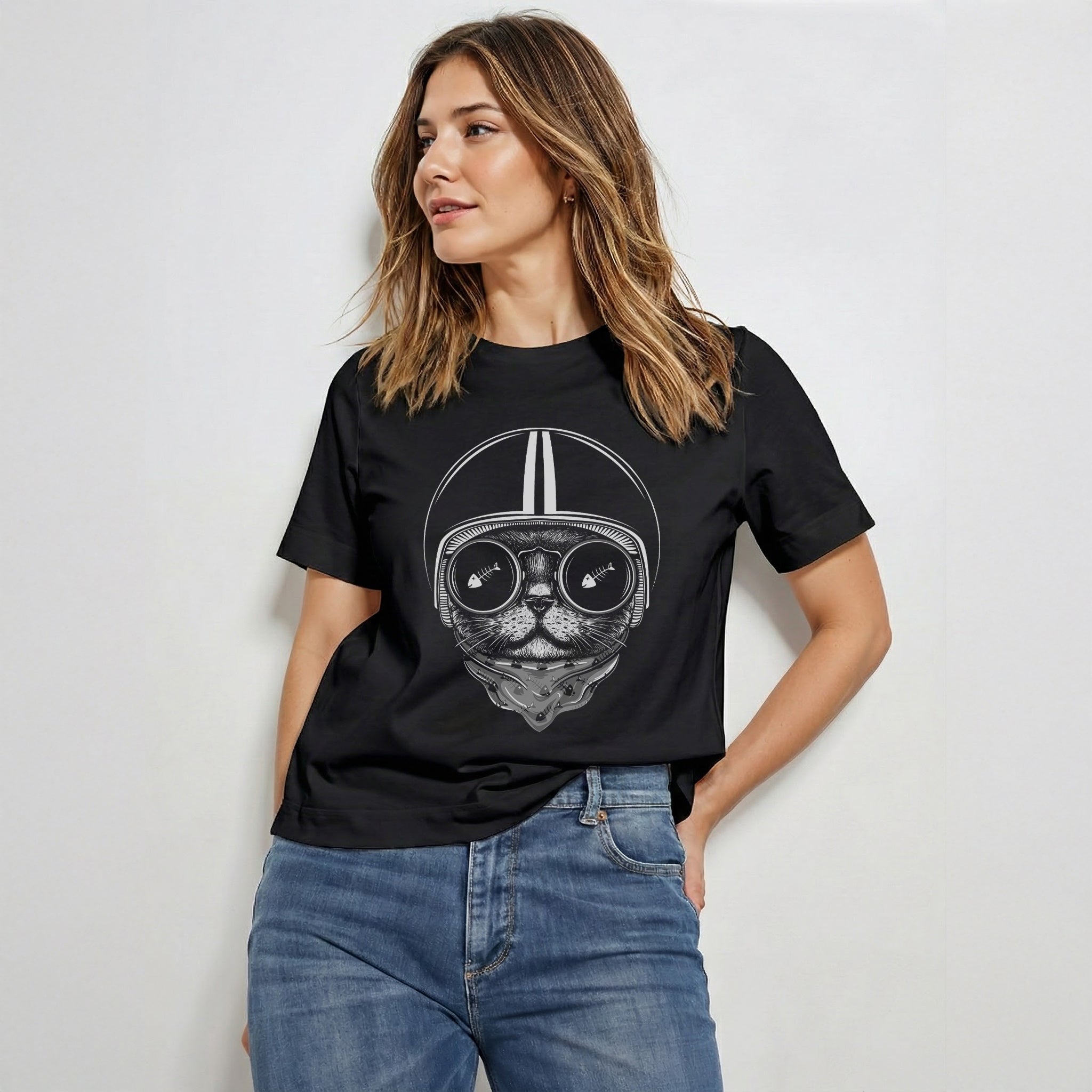 Midnight Rider — Helmet Cat Graphic Tee (Onyx Black)