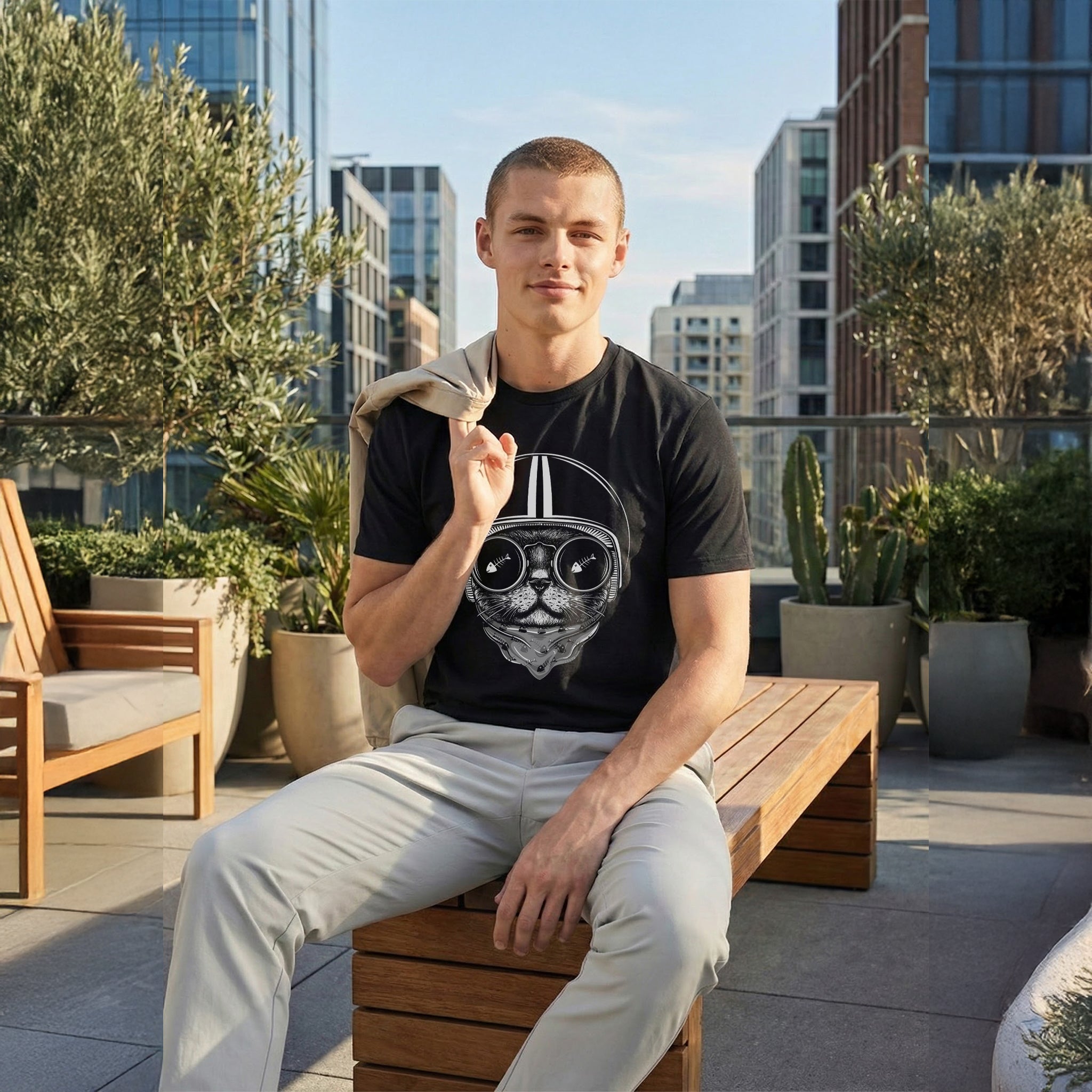 Midnight Rider — Helmet Cat Graphic Tee (Onyx Black)