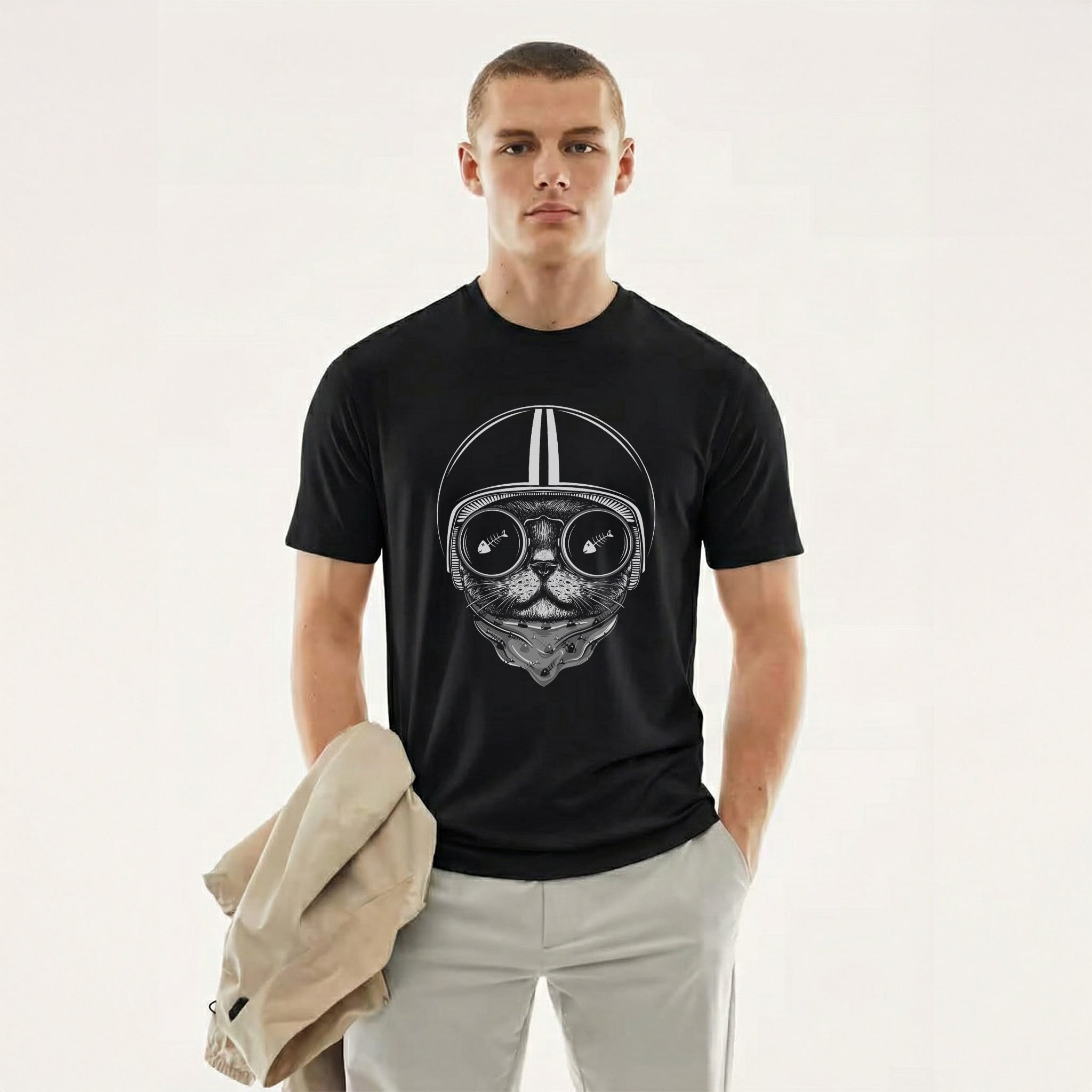 Midnight Rider — Helmet Cat Graphic Tee (Onyx Black)