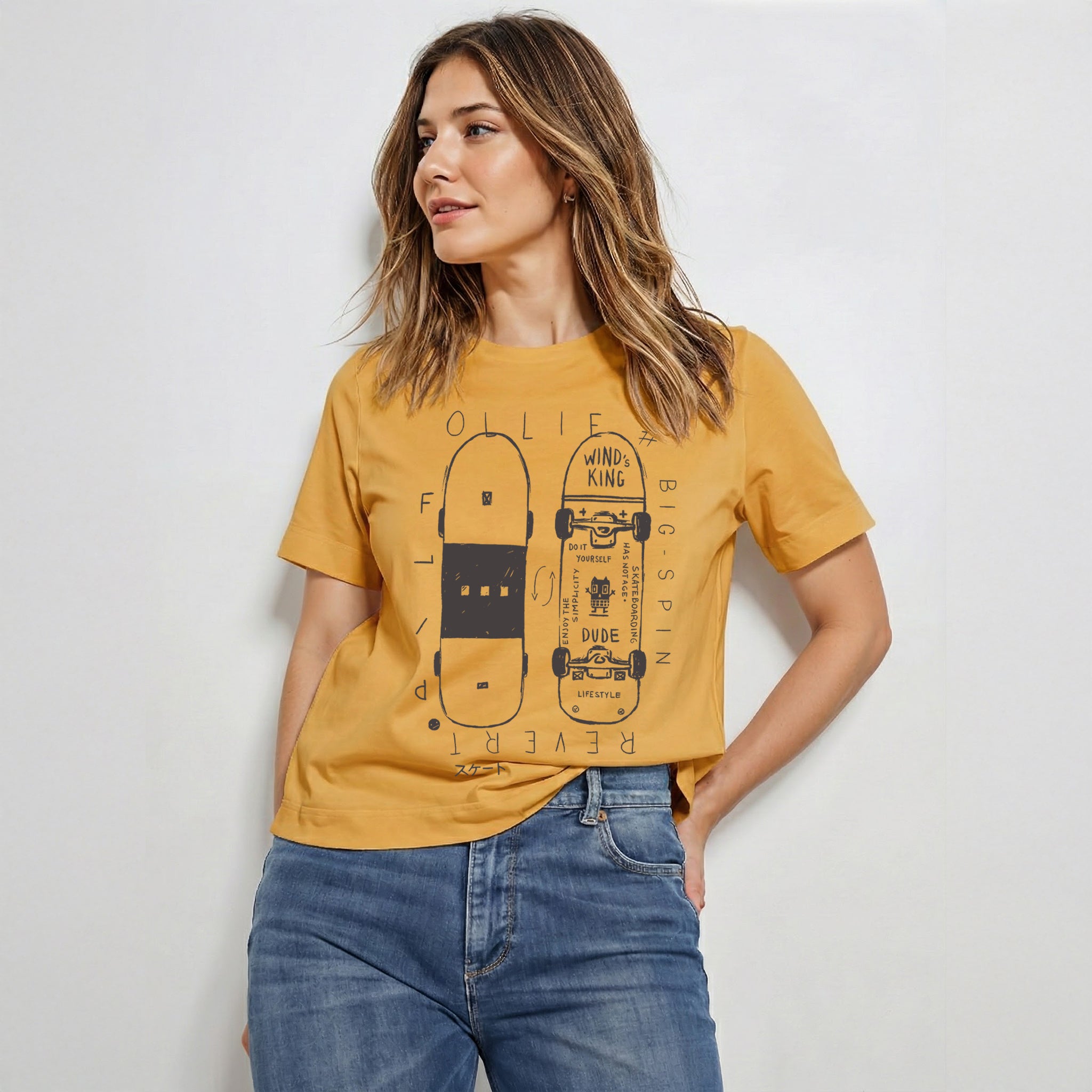 Ollie Flip — Skateboard Graphic Tee (Golden Mustard)