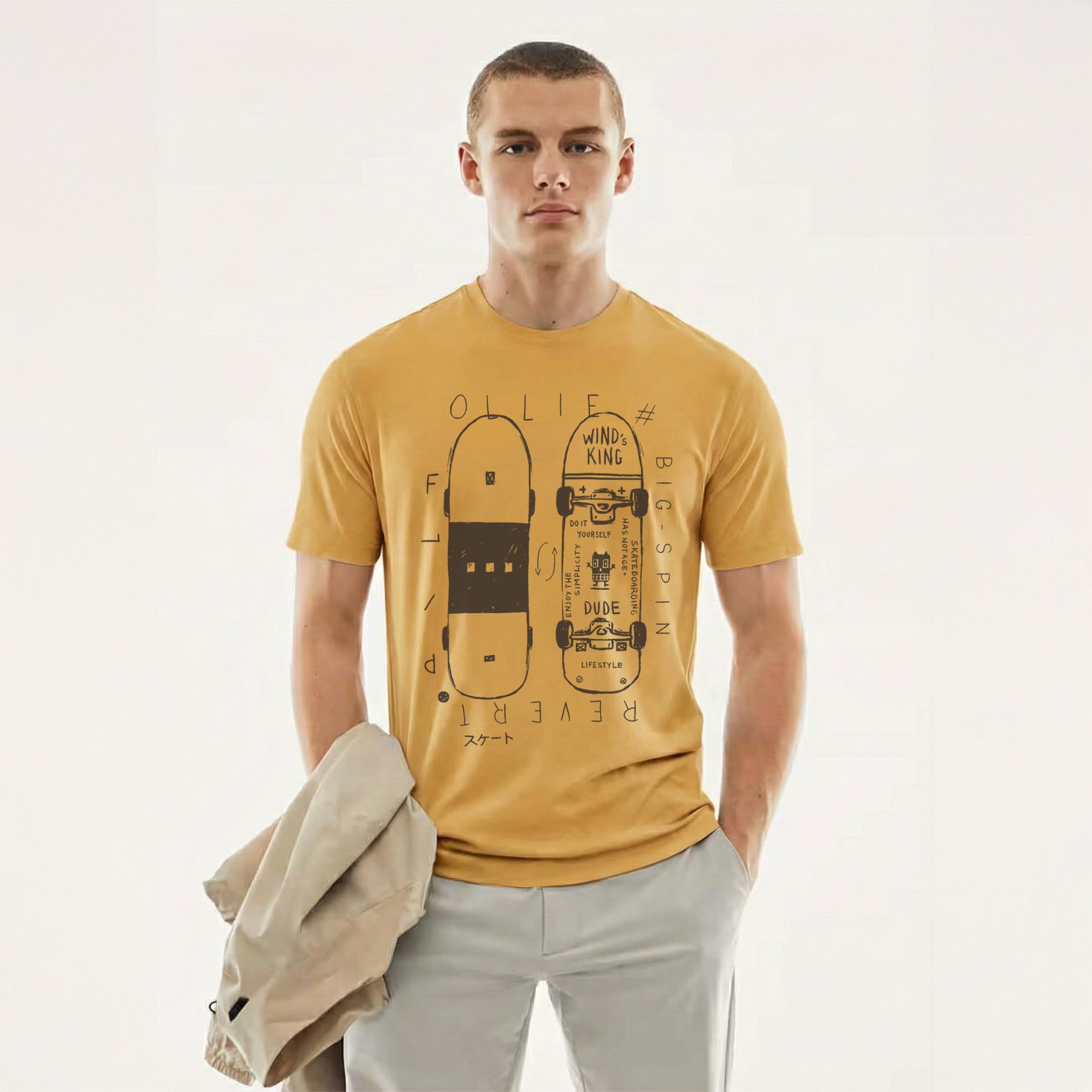 Ollie Flip — Skateboard Graphic Tee (Golden Mustard)