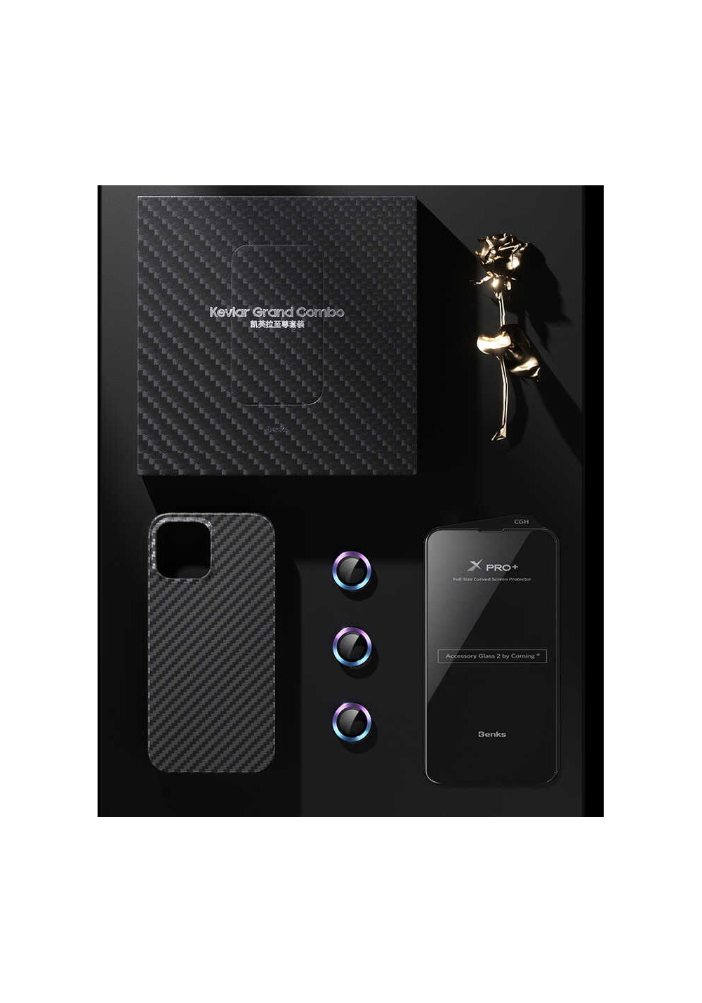 Benks iPhone 13 Pro Max Kılıf Aramid Karbon M-safe 3 in 1 Set