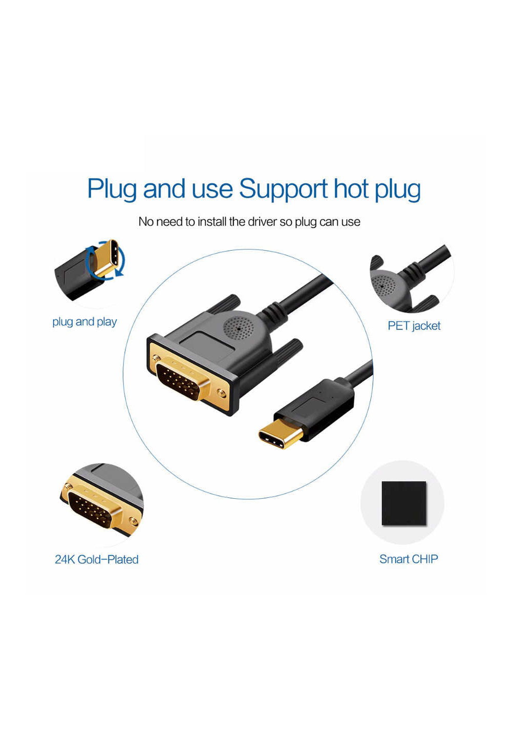 Qgeem QG-UA17 Type-C to VGA Adaptörü Yüksek Çözünürlüklü Dönüştürücü Kablo 1080p 60Hz 1.2 Metre