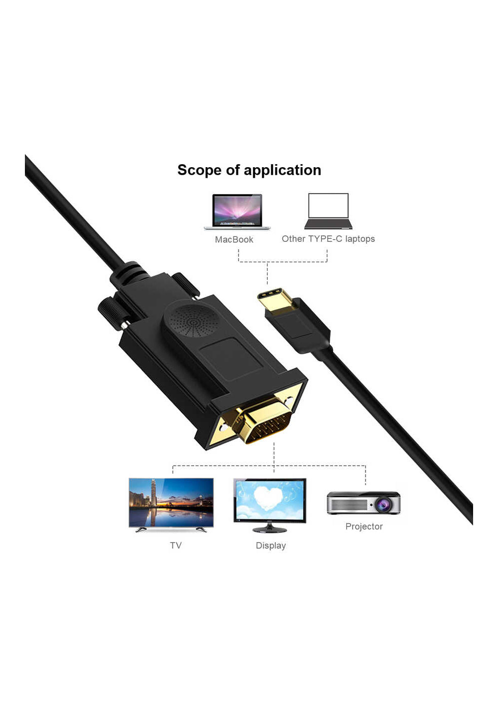 Qgeem QG-UA17 Type-C to VGA Adaptörü Yüksek Çözünürlüklü Dönüştürücü Kablo 1080p 60Hz 1.8 metre