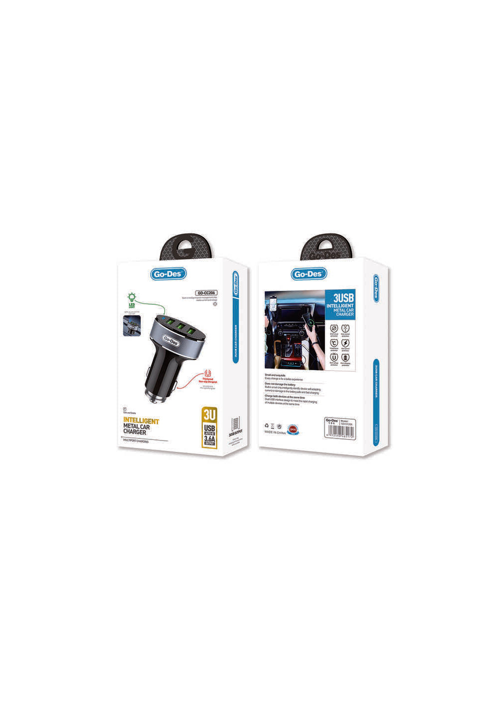 Go Des GD-CC206 3 Usbli Led Işıklı Metal Araç Şarj Başlığı 3.6A