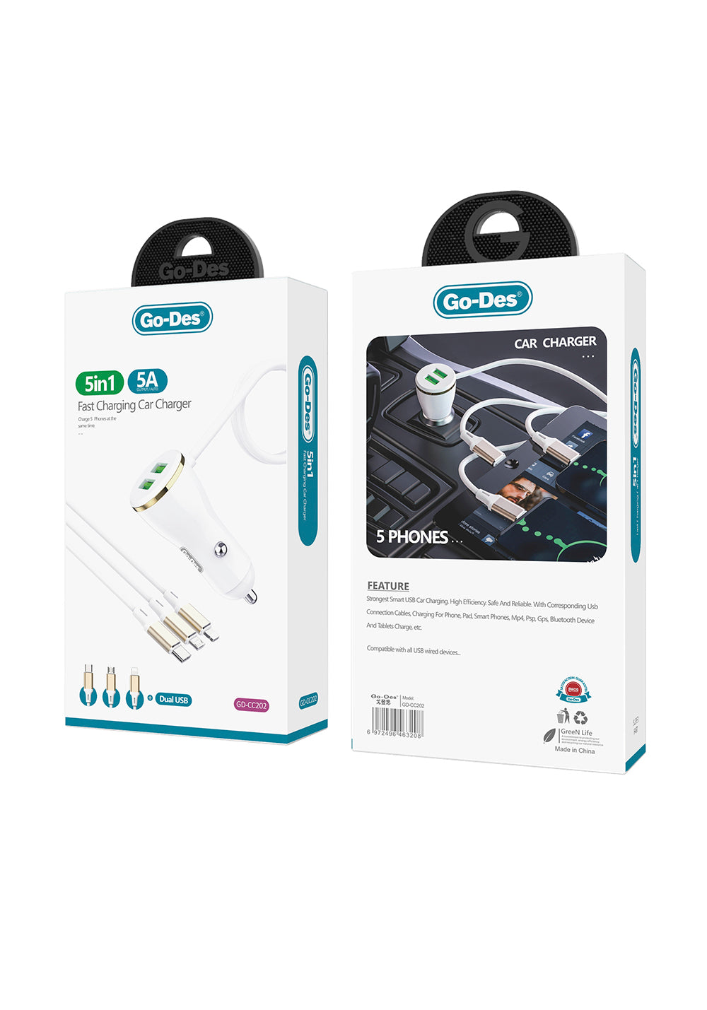 Go Des GD-CC202 5 in 1 5A Hızlı Şarj Çift USB-A ve Micro Type-C Lightning Kablolu Araç Şarj Aleti