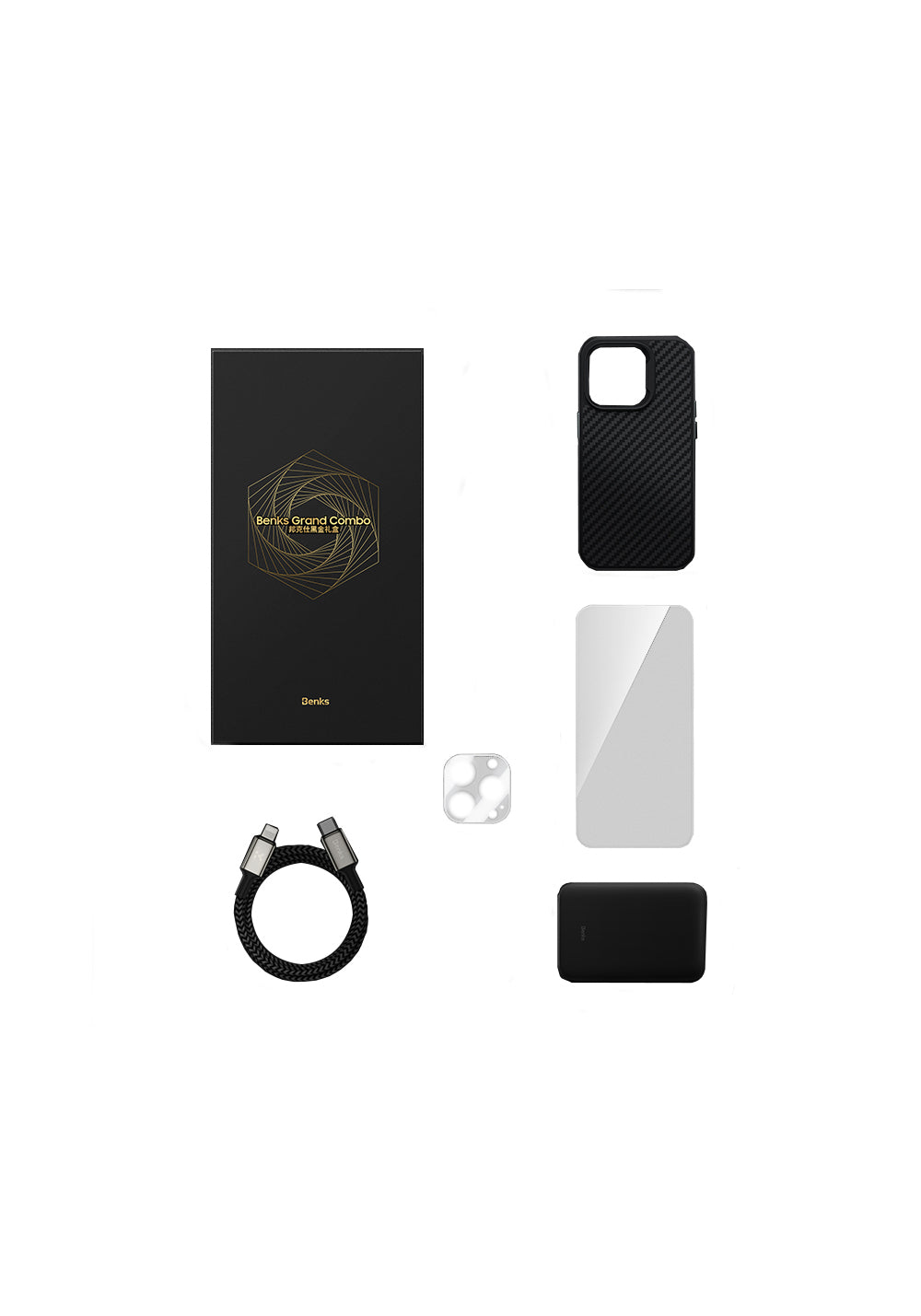 Benks iPhone 14 Pro Grand Combo 5in1 Aksesuar Seti Kılıf-Ekran Koruyucu-Lens Koruyucu-Kablo-Powerbank
