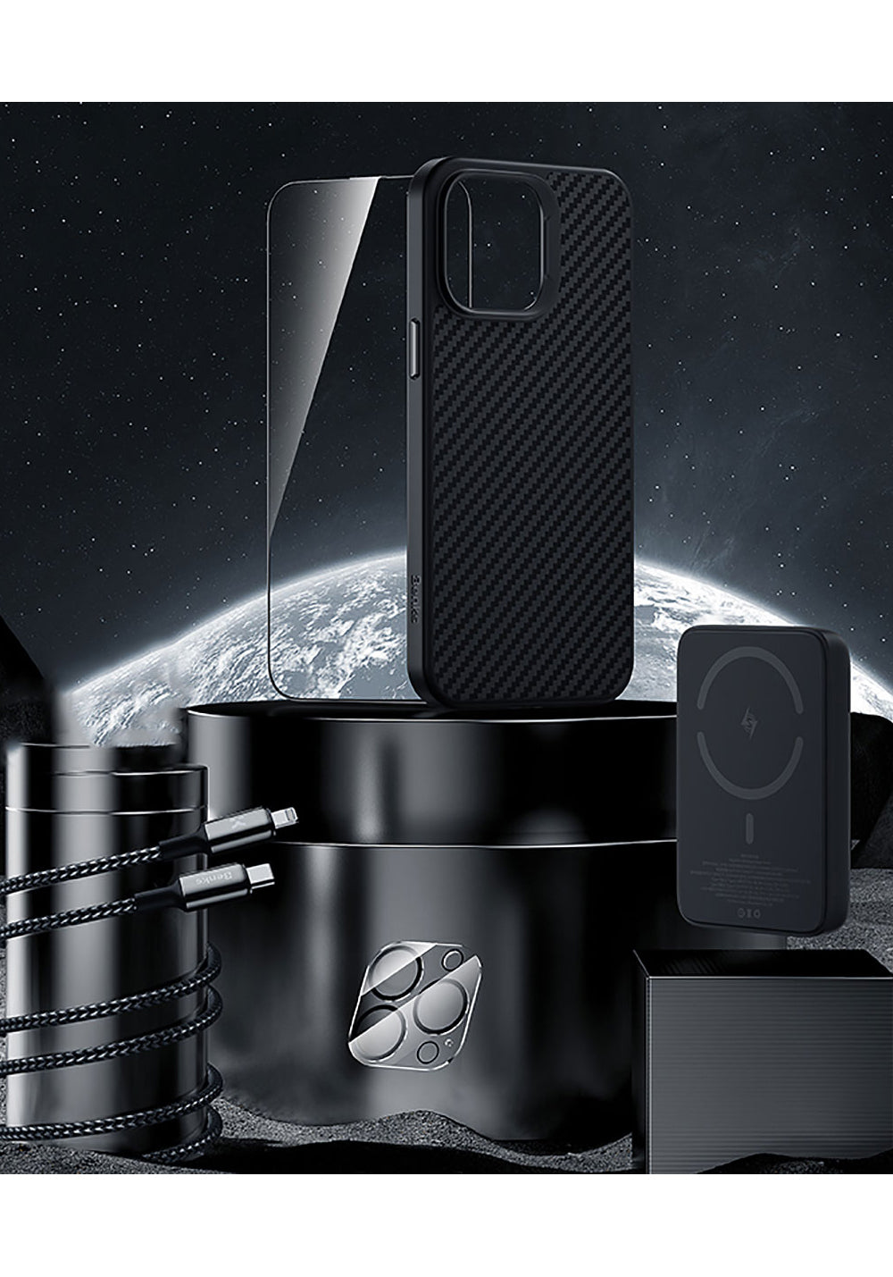 Benks iPhone 14 Pro Max Grand Combo 5in1 Aksesuar Seti Kılıf-Ekran Koruyucu-Lens Koruyucu-Kablo-Powerbank