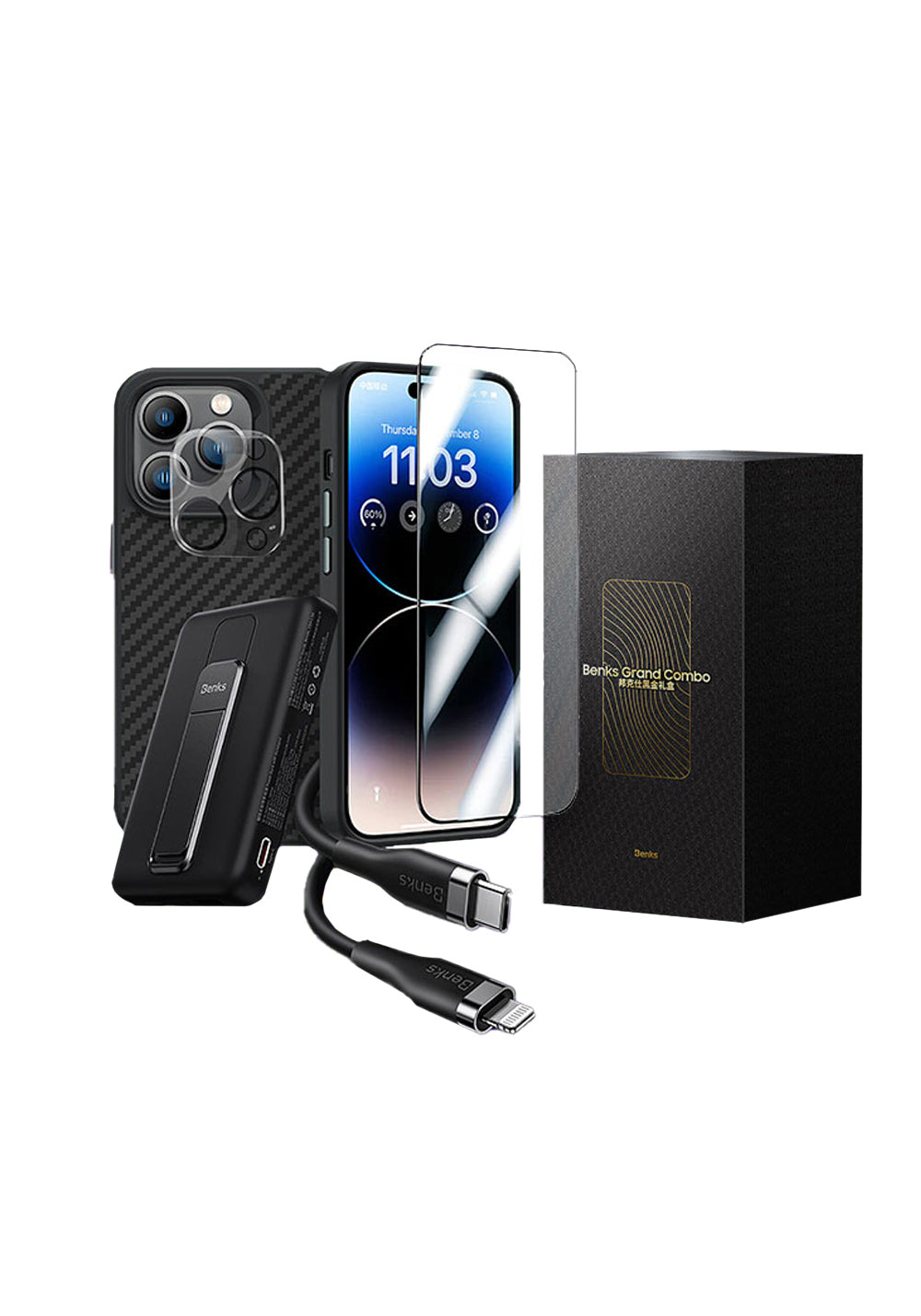 Benks iPhone 14 Pro Max Grand Combo New 5in1 Aksesuar Seti Kılıf-Ekran Koruyucu-Lens Koruyucu-Kablo-Powerbank