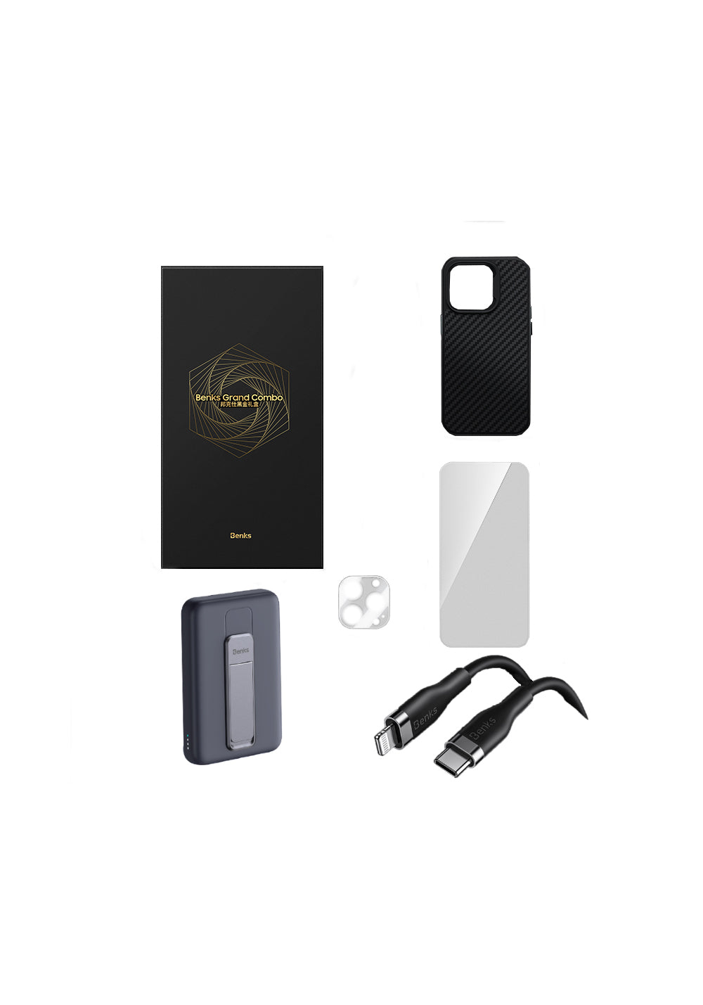 Benks iPhone 14 Pro Max Grand Combo New 5in1 Aksesuar Seti Kılıf-Ekran Koruyucu-Lens Koruyucu-Kablo-Powerbank
