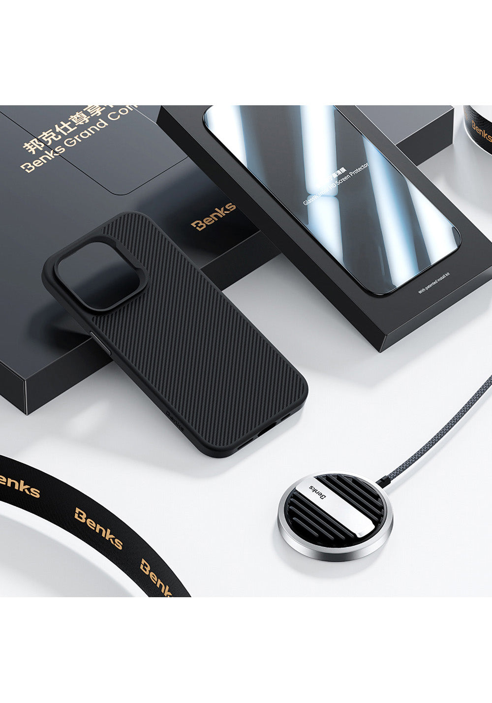 Benks iPhone 14 Pro Max Grand Combo MFM01 3in1 Aksesuar Seti Kılıf-Ekran Koruyucu-Wireless Şarj Aleti