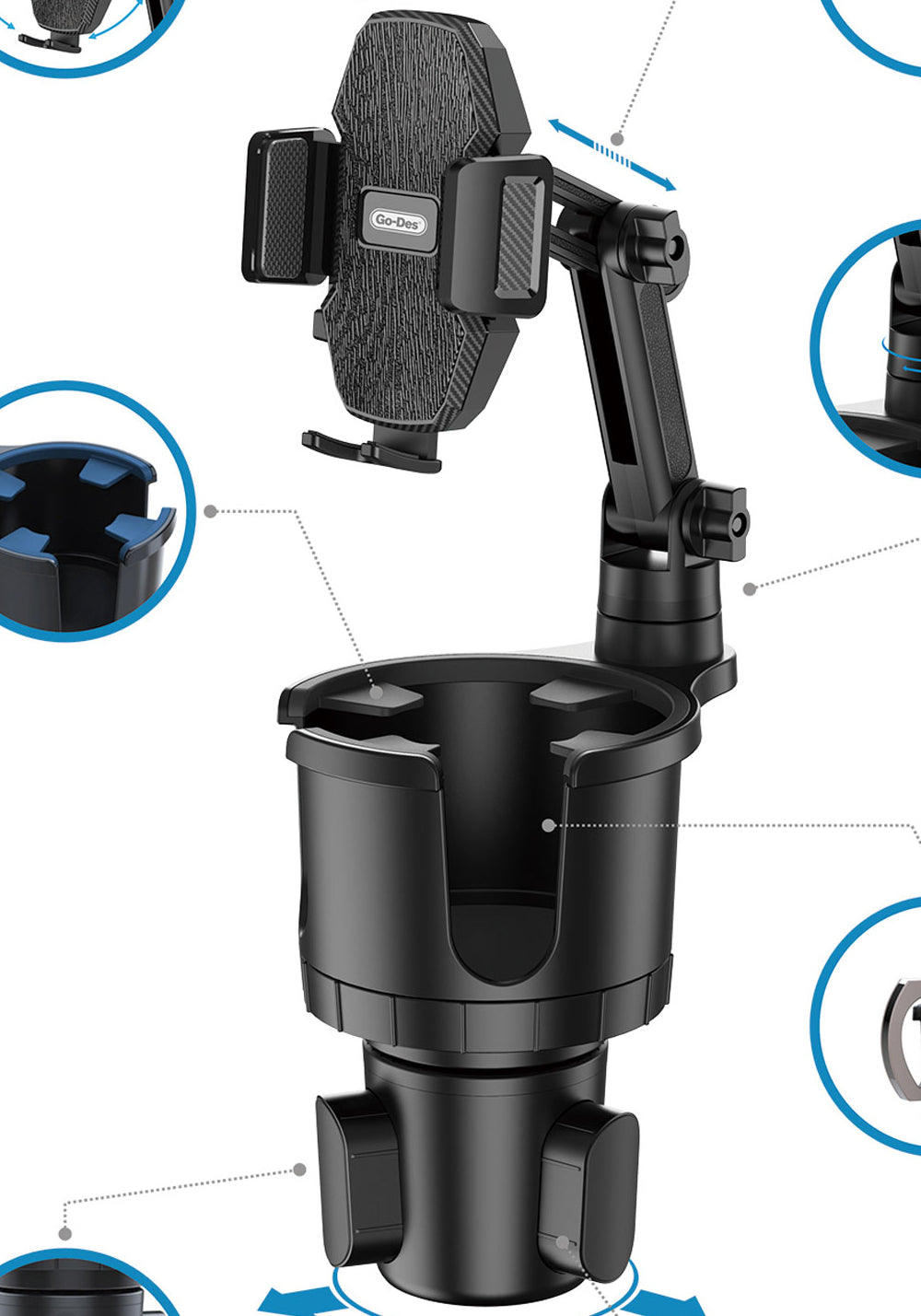 Go Des GD-HD566 360 Derece Dönebilen 2 in 1 Araç Telefon Tutucu Ve Bardak Tutucu