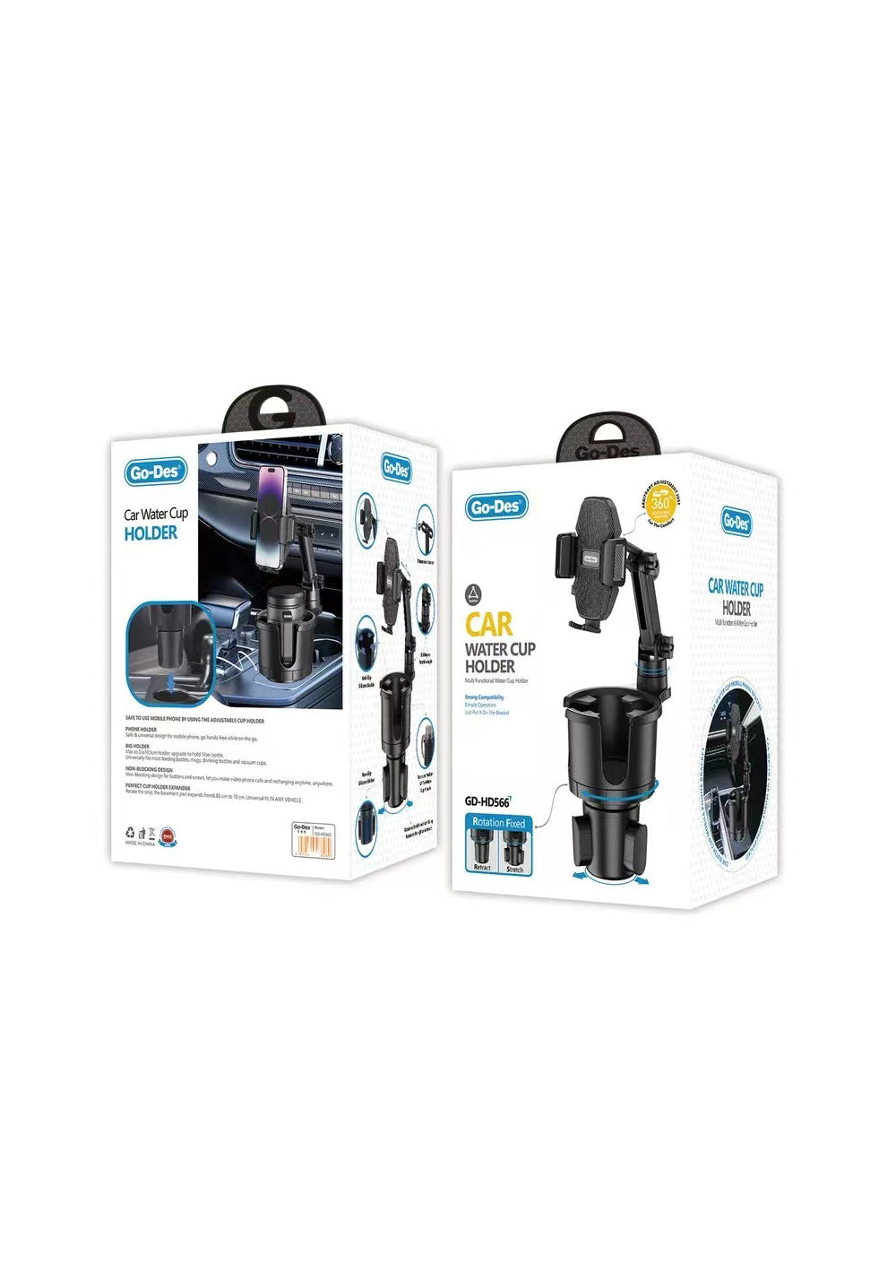 Go Des GD-HD566 360 Derece Dönebilen 2 in 1 Araç Telefon Tutucu Ve Bardak Tutucu