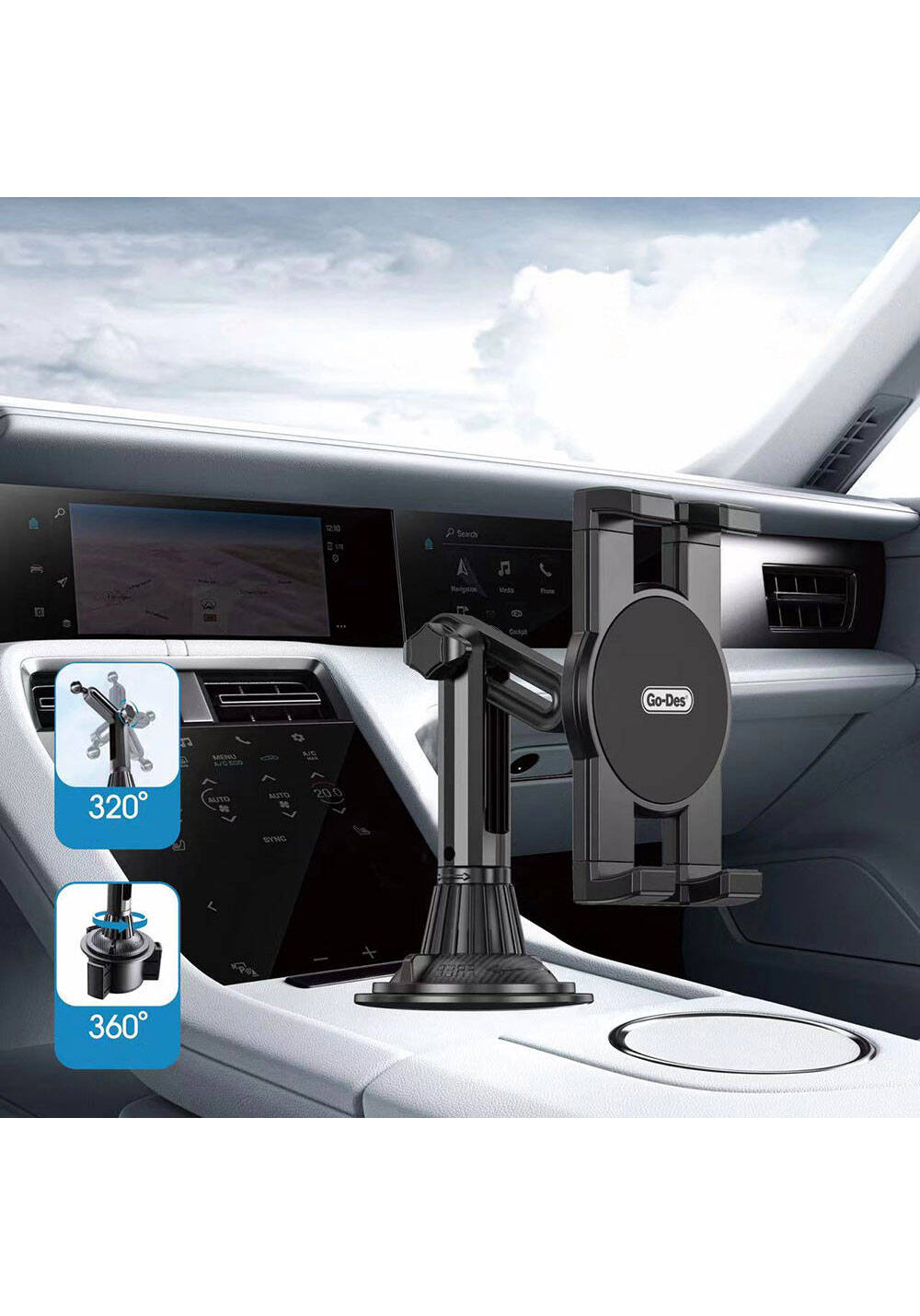 Go Des GD-HD313 Araç İçi Telefon Tutucu 360 Oynar Başlıklı Bardaklık Tipi Tutucu