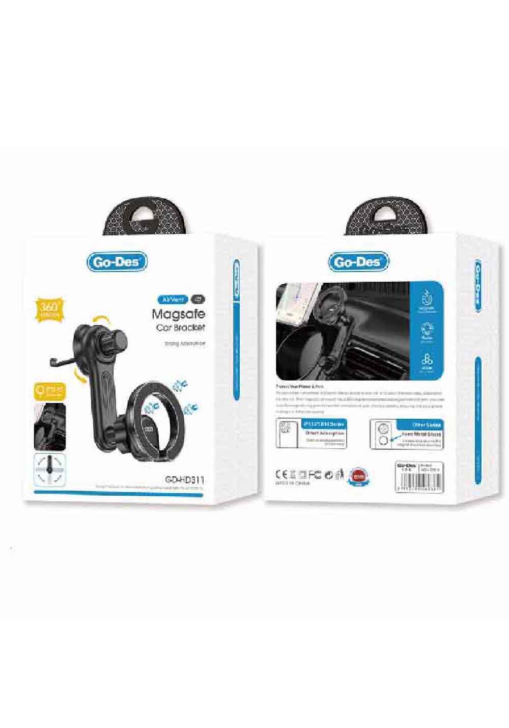 Go Des GD-HD311 M-safe Magnetik 360 Derece Dönebilen Dirsek Ve Başlıklı Telefon Tutucu Havalandırma Tasarım