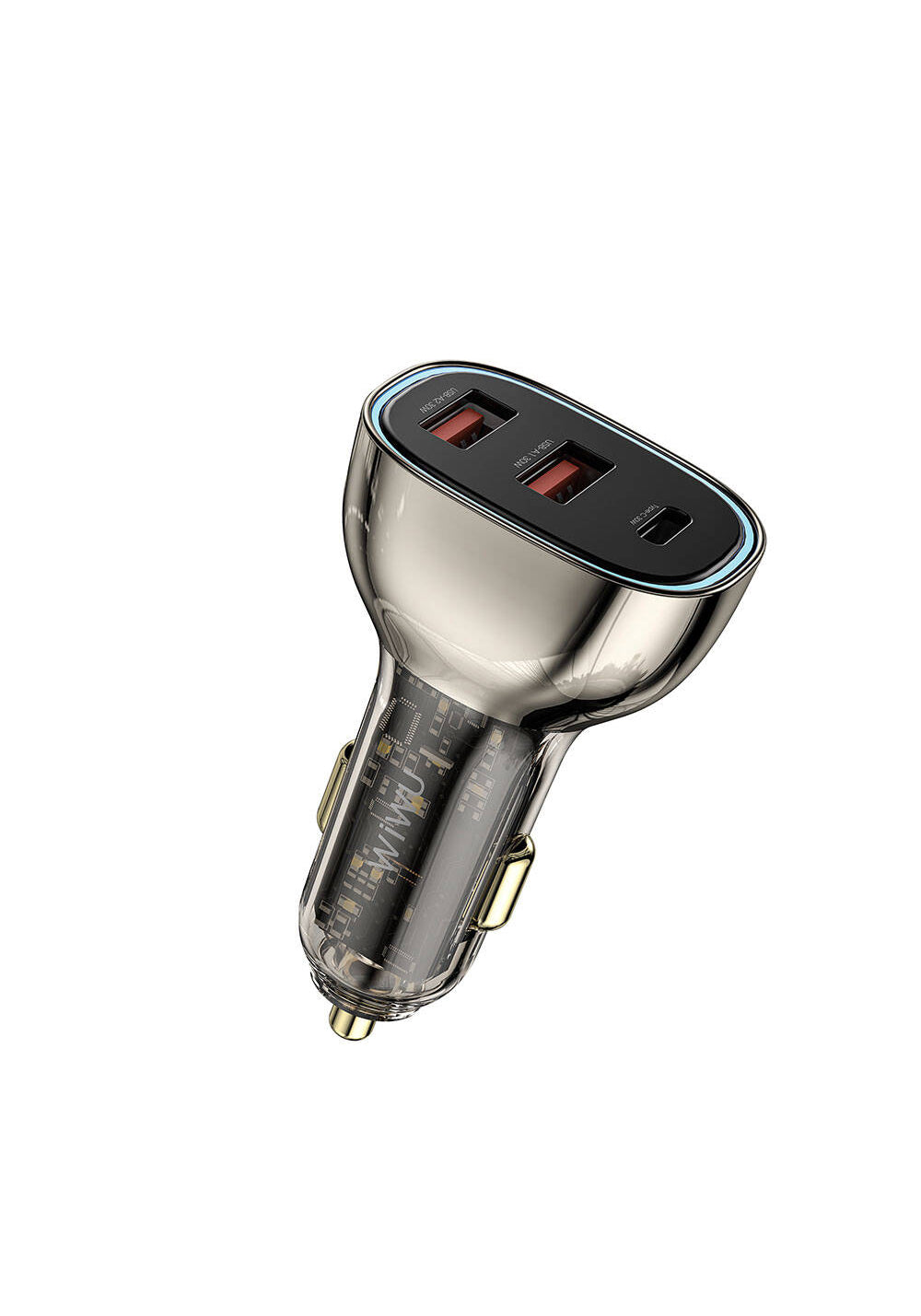 Wiwu Wi-QC013 Geek Serisi Type-C + Dual USB-A Hızlı Şarj Özellikli Transparan Tasarımlı Araç Şarj Aleti 90W