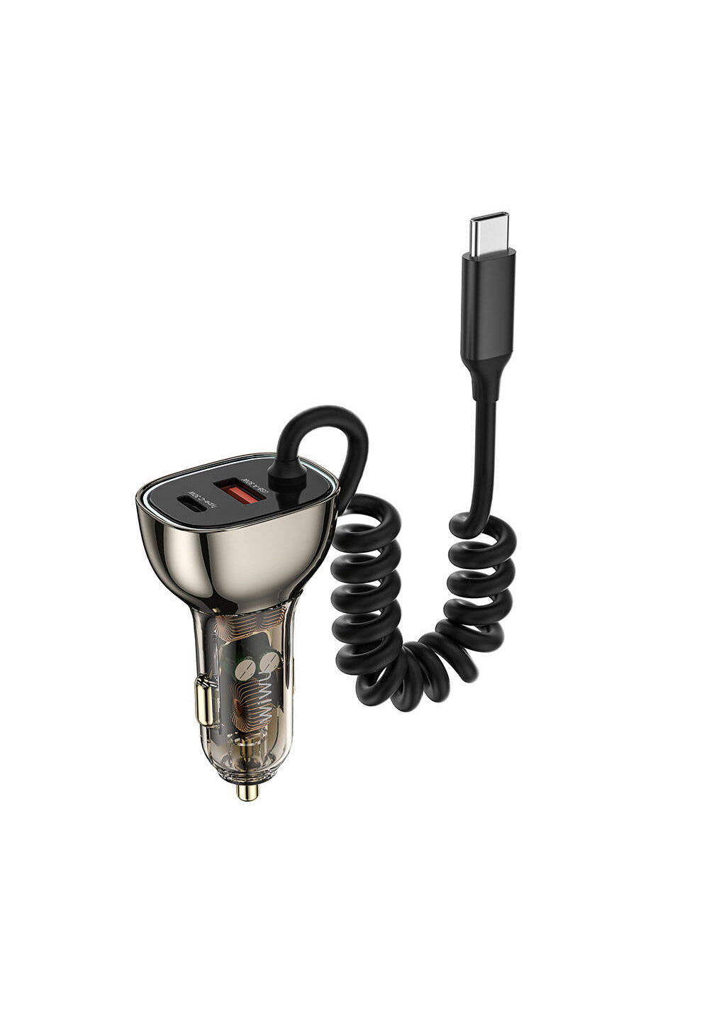 Wiwu Wi-QC016 Geek Serisi Type-C + Type-C Kablolu + USB-A Hızlı Şarj Özellikli Transparan Tasarımlı Araç Şarj Aleti 90W