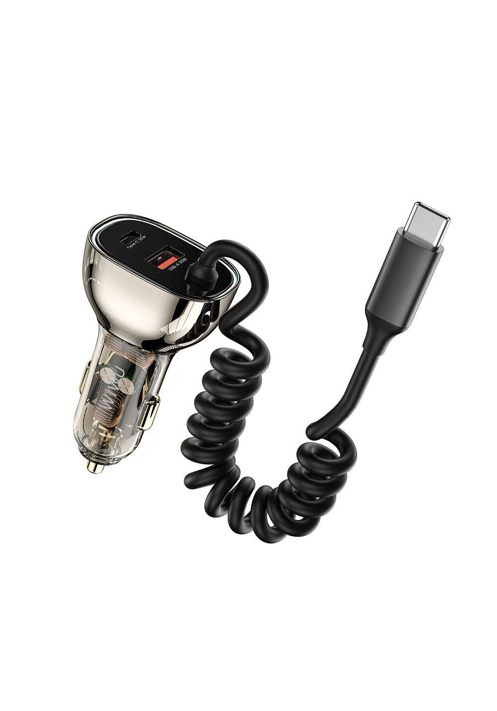 Wiwu Wi-QC016 Geek Serisi Type-C + Type-C Kablolu + USB-A Hızlı Şarj Özellikli Transparan Tasarımlı Araç Şarj Aleti 90W