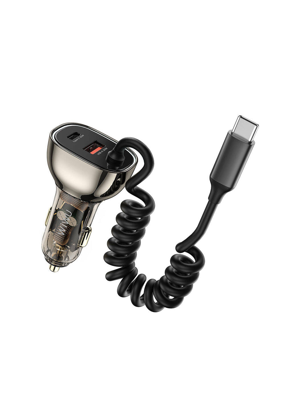 Wiwu Wi-QC016 Geek Serisi Type-C + Type-C Kablolu + USB-A Hızlı Şarj Özellikli Transparan Tasarımlı Araç Şarj Aleti 90W