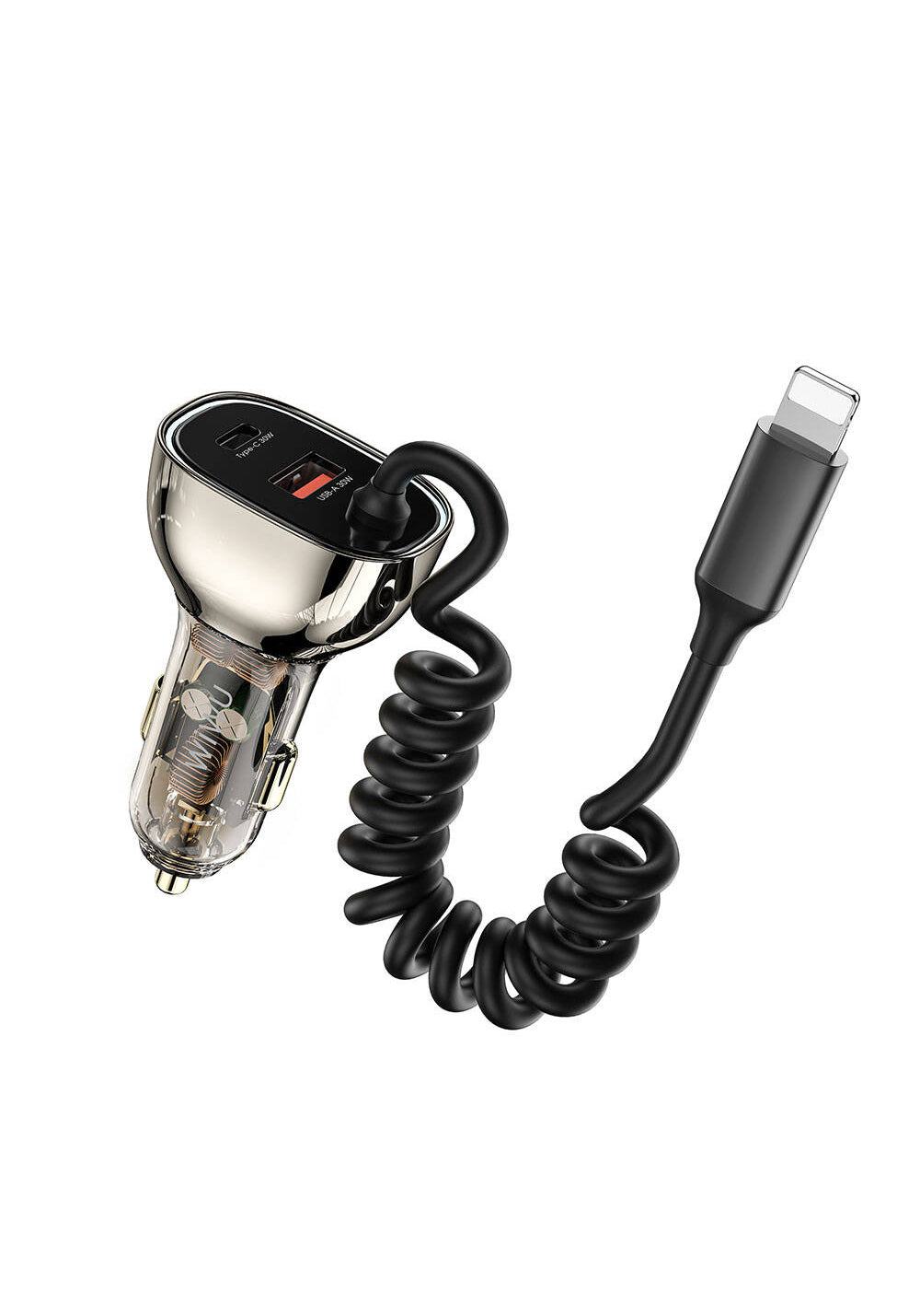 Wiwu Wi-QC019 Geek Serisi Type-C + Lightning Kablolu + USB-A Hızlı Şarj Özellikli Transparan Tasarımlı Araç Şarj Aleti 90W