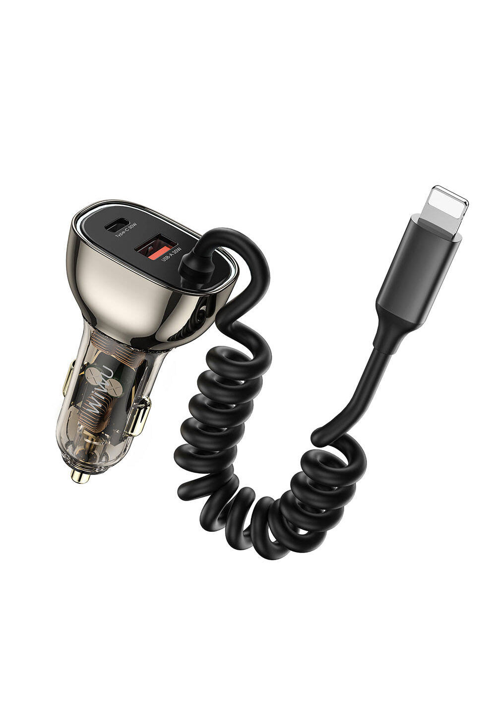 Wiwu Wi-QC019 Geek Serisi Type-C + Lightning Kablolu + USB-A Hızlı Şarj Özellikli Transparan Tasarımlı Araç Şarj Aleti 90W