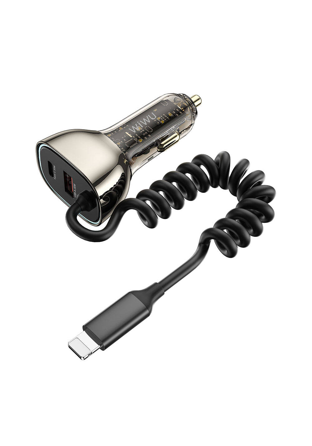 Wiwu Wi-QC019 Geek Serisi Type-C + Lightning Kablolu + USB-A Hızlı Şarj Özellikli Transparan Tasarımlı Araç Şarj Aleti 90W
