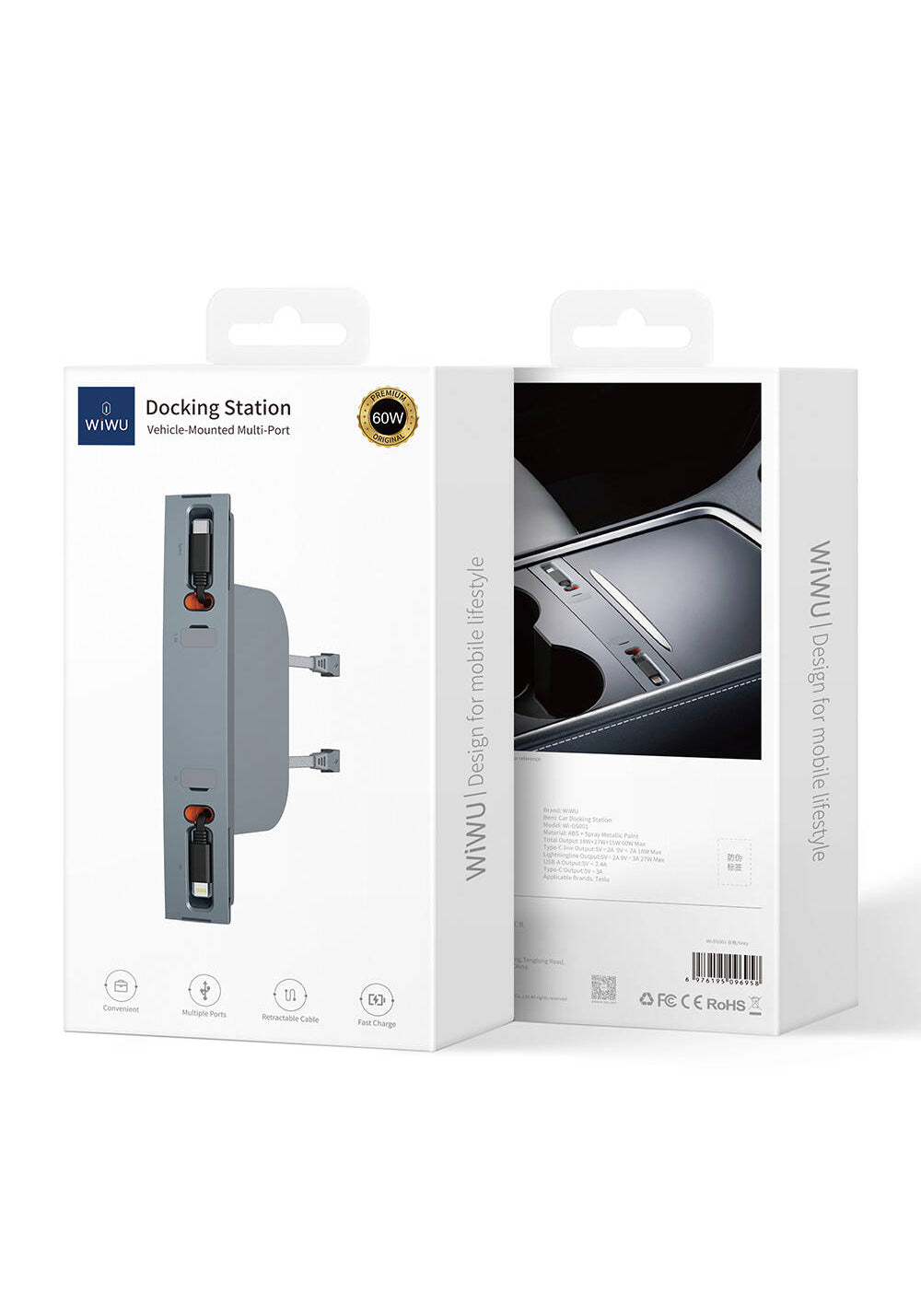 Wiwu Wi-DS001 Tesla Uyumlu Type-C Lightning USB-A Akıllı Araç İçi Şarj İstasyonu 60W