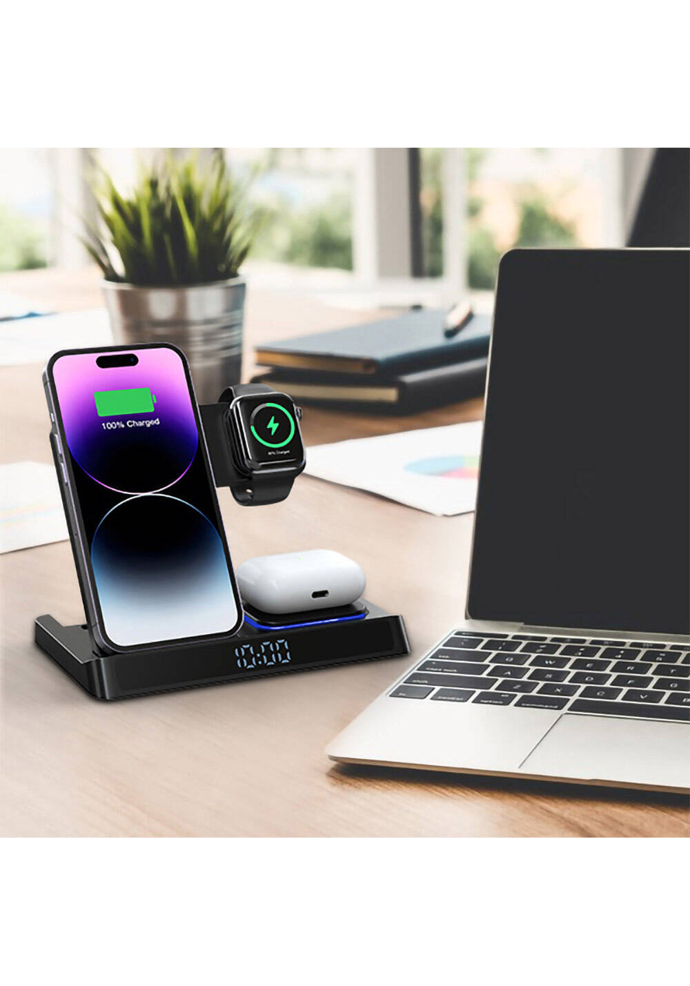 Wiwu Wi-W006 Power Air 5in1 Dijital Saatli Hızlı Şarj Özellikli Magnetik Kablosuz Şarj Standı