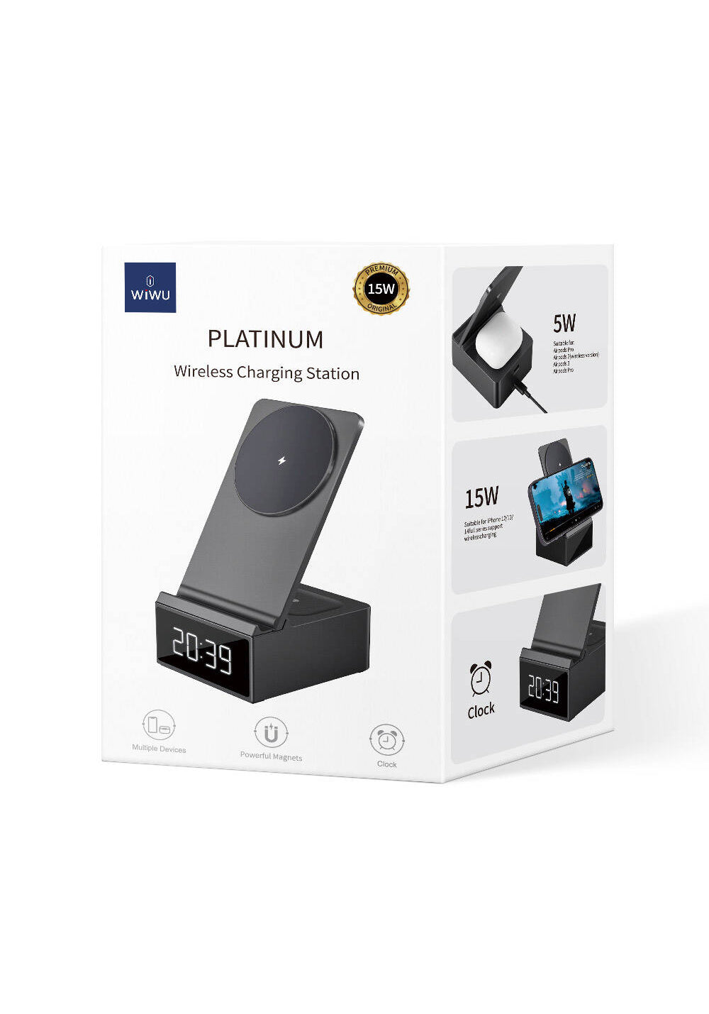 Wiwu Wi-W011 Platinum 3in1 Dijital Saatli ve Alarmlı Hızlı Şarj Özellikli Magnetik Kablosuz Şarj Standı