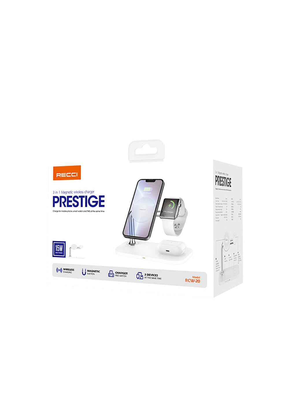 Recci RCW-20 Prestige Serisi 3in1 M-safe 15W Hızlı Şarj Özellikli Magnetik Kablosuz Şarj Standı