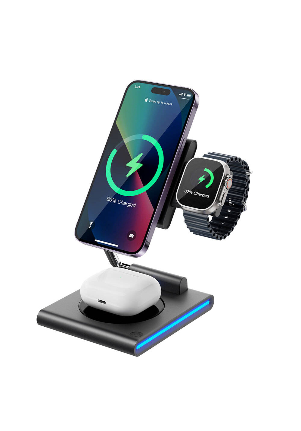 Wiwu Wi-W023 Geek Telefon&Akıllı Saat&Kulaklık İçin 15W 3in1 Katlanabilen Hareketli Başlık Kablosuz Şarj Standı