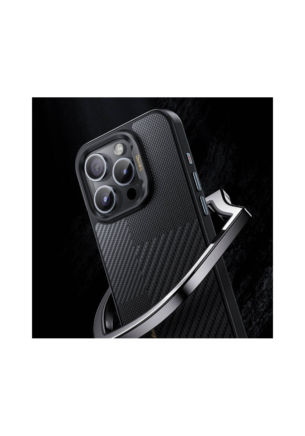 Apple iPhone 16 Pro Max Kılıf Manyetik Şarj Uyumlu Karbon Fiber Benks Montage Hybrid ArmorPro Kevlar Kapak