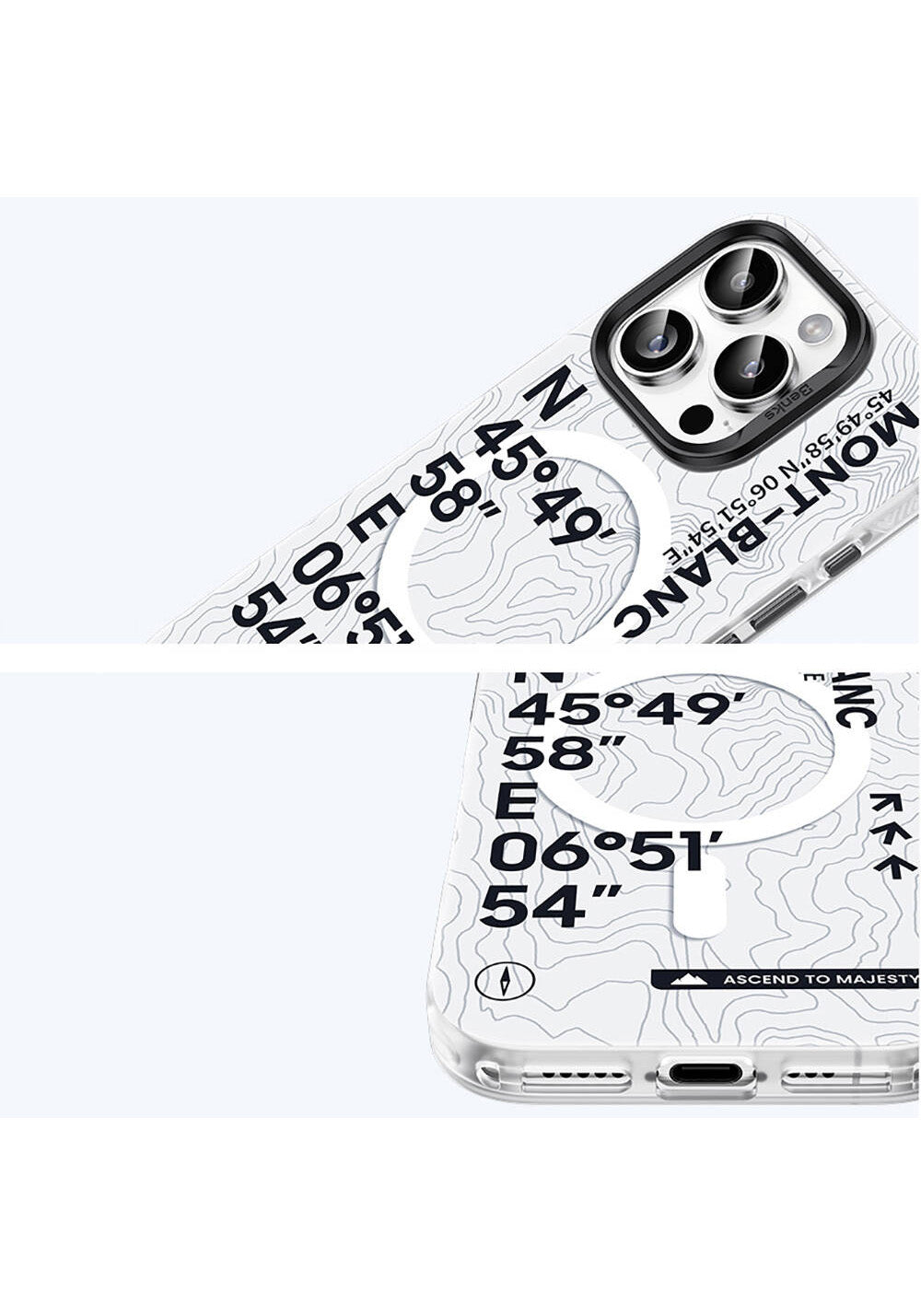 Apple iPhone 16 Pro Max Kılıf Manyetik Şarj Uyumlu Koordinat Yazı Desenli Benks Summit Serisi Kapak