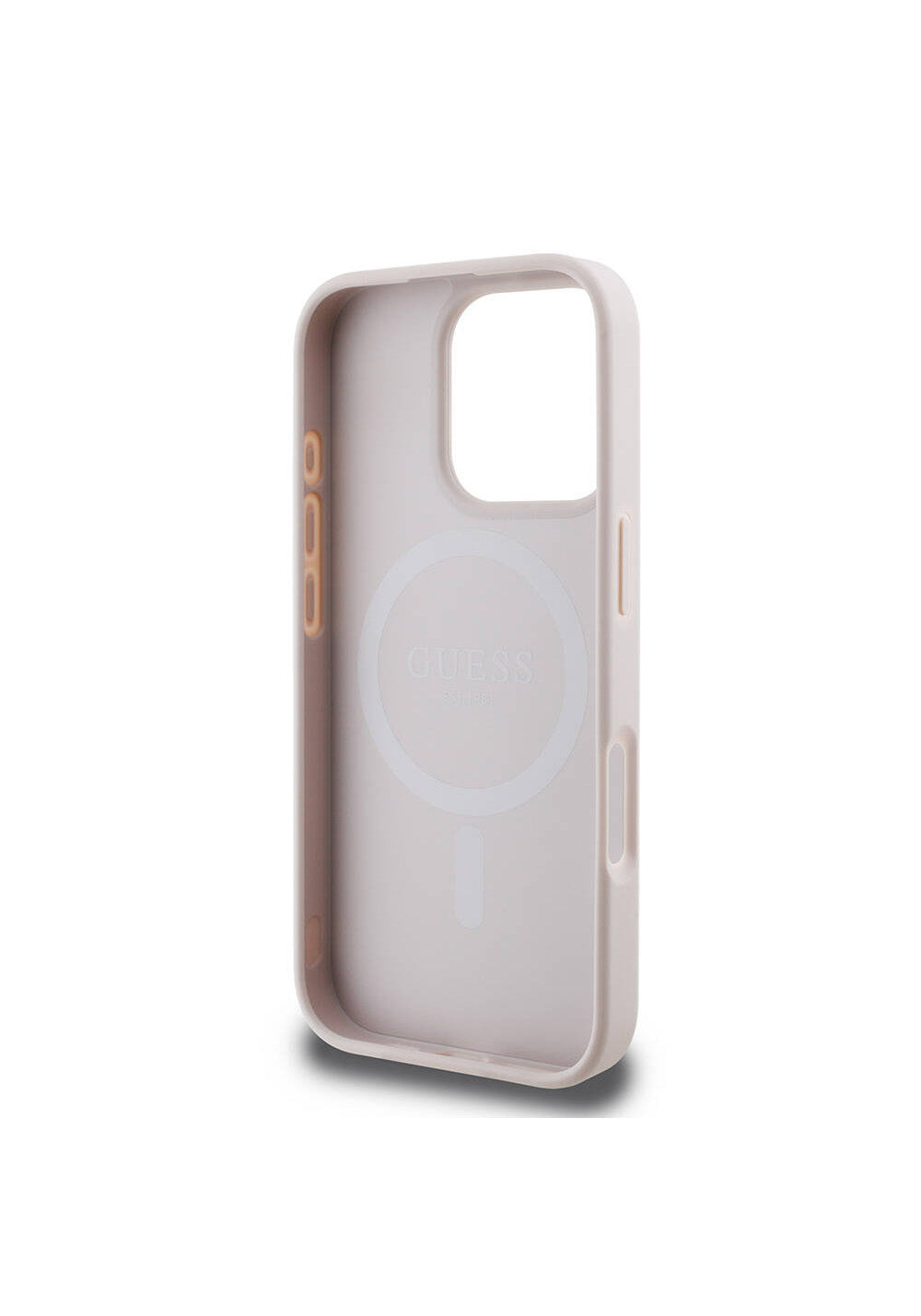 Apple iPhone 16 Pro Kılıf Guess Orijinal Lisanslı Manyetik Şarj Uyumlu PU Deri Şerit Logo Dizaynlı Kapak