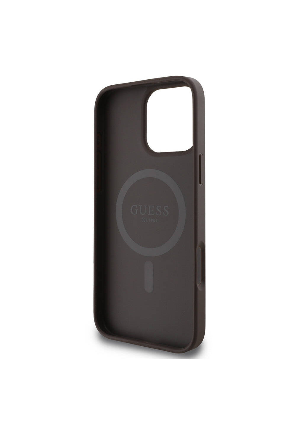 Apple iPhone 16 Pro Kılıf Guess Orijinal Lisanslı Manyetik Şarj Uyumlu PU Deri Şerit Logo Dizaynlı Kapak