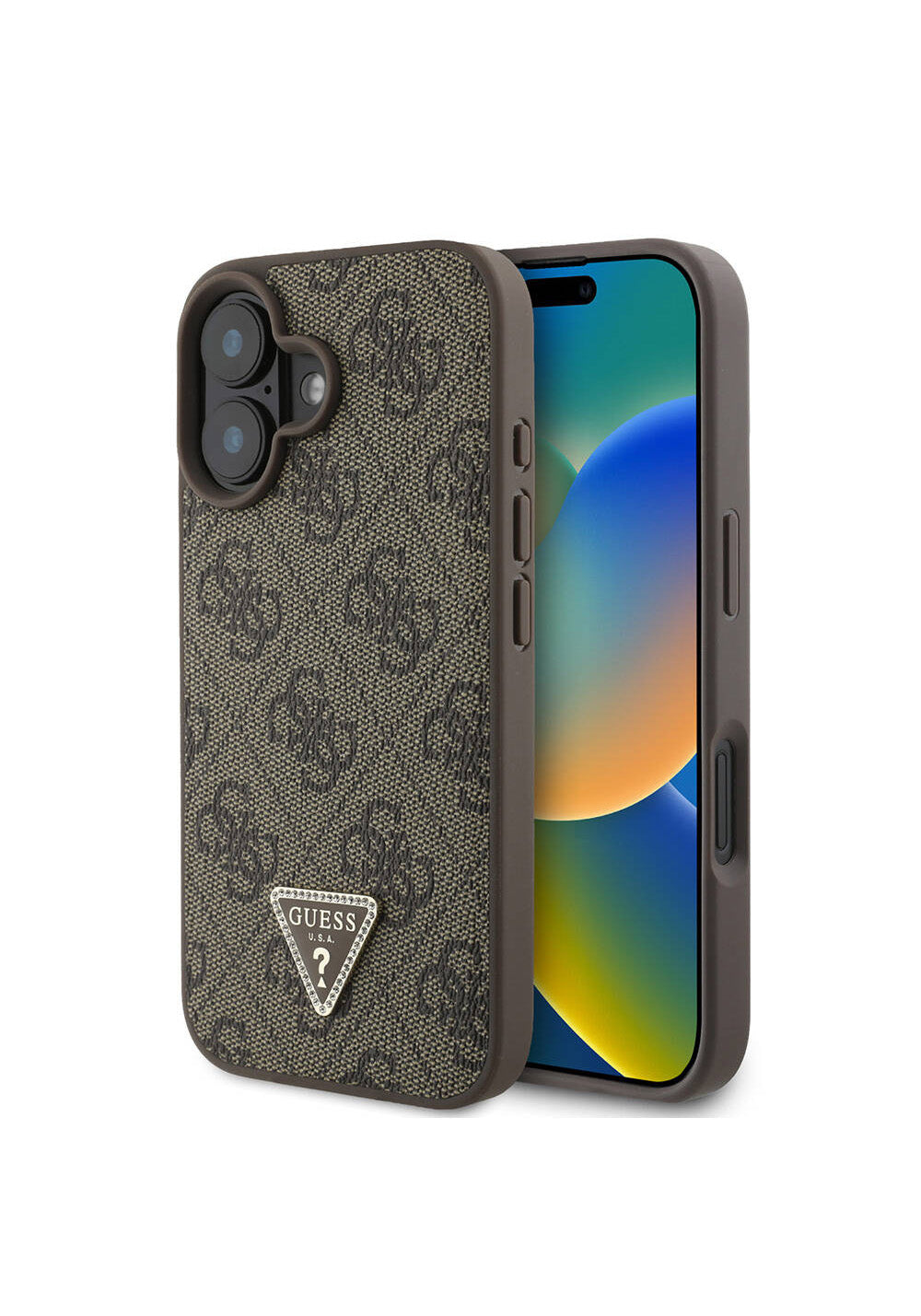 Apple iPhone 16 Kılıf Guess Orijinal Lisanslı Manyetik Şarj Uyumlu PU Deri 4G Desenli Taşlı Üçgen Logolu Kapak