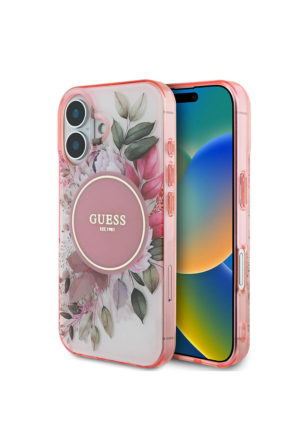 Apple iPhone 16 Kılıf Guess Orijinal Lisanslı Manyetik Şarj Uyumlu IML Baskılı Yazı Logolu Flower Tonal Circle Kapak