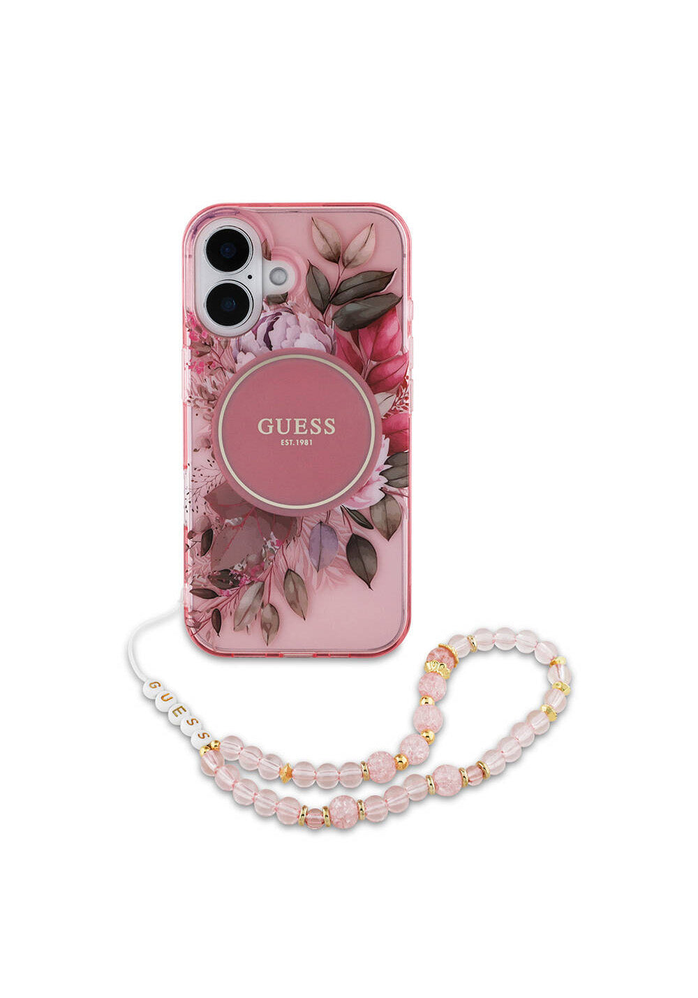 Apple iPhone 16 Kılıf Guess Orijinal Lisanslı Manyetik Şarj Uyumlu IML Baskılı Çiçek İnci Bileklikli Kapak