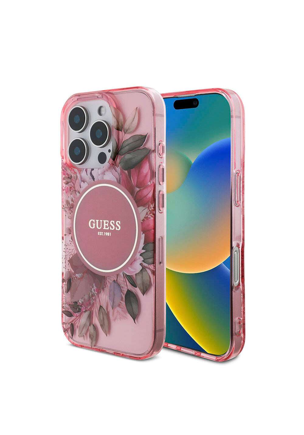 Apple iPhone 16 Pro Kılıf Guess Orijinal Lisanslı Manyetik Şarj Uyumlu IML Baskılı Çiçek İnci Bileklikli Kapak