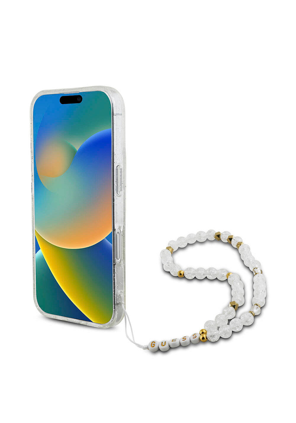 Apple iPhone 16 Kılıf Guess Orijinal Lisanslı Manyetik Şarj Uyumlu Simli Silikon İnci Bileklikli Kapak