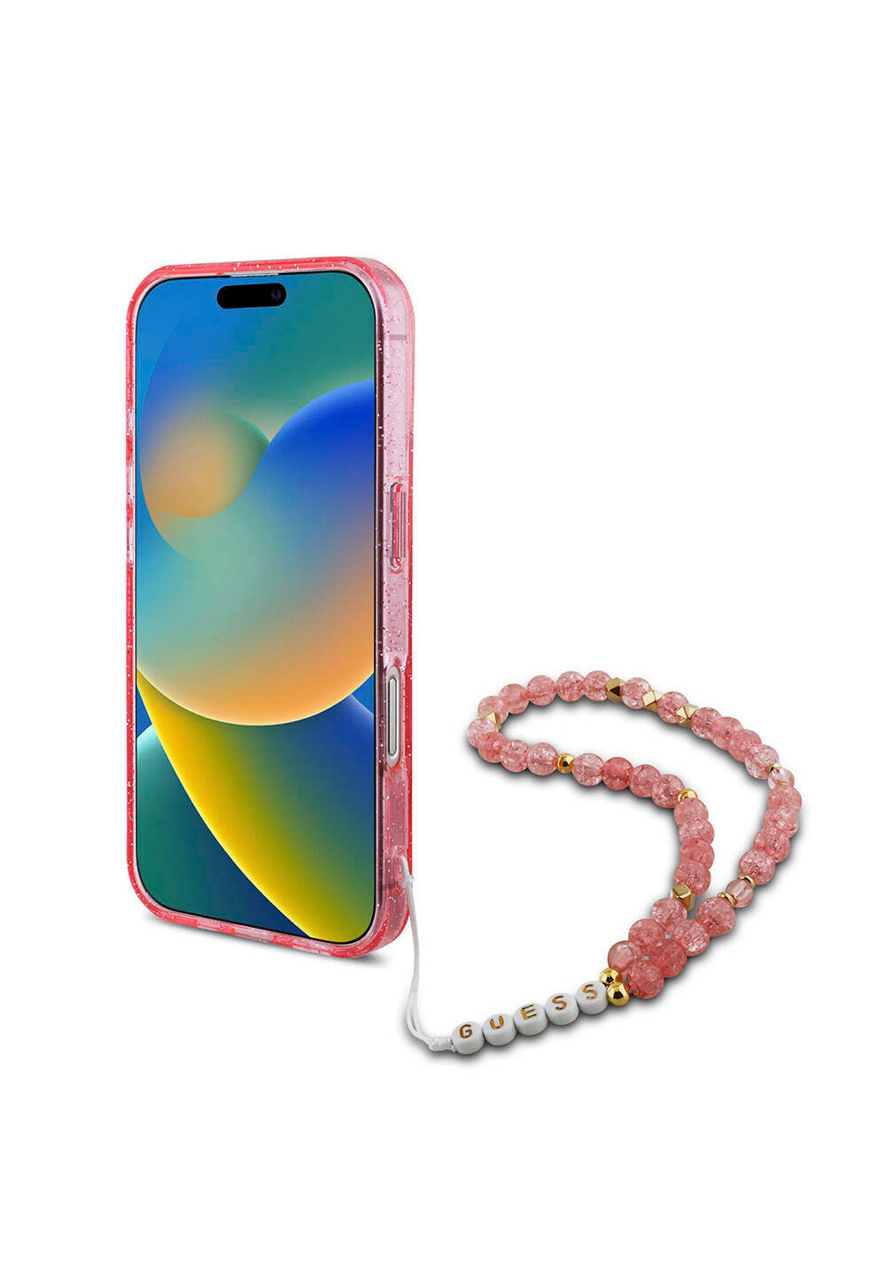 Apple iPhone 16 Kılıf Guess Orijinal Lisanslı Manyetik Şarj Uyumlu Simli Silikon İnci Bileklikli Kapak